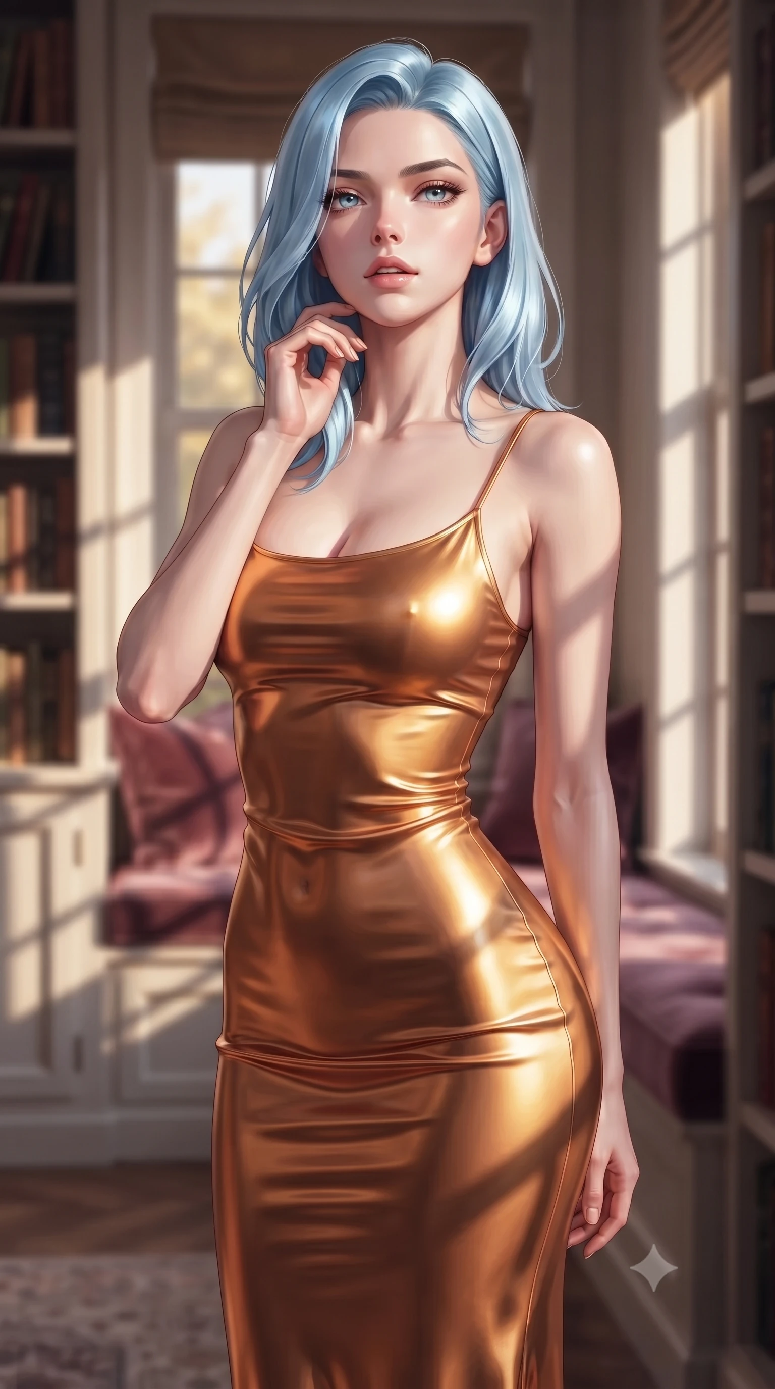 score_9, masterpiece, best quality, ultra-detailed, high-budget anime keyframe, editorial fashion photography, tasteful artistic composition, Korean woman woman. close-up cowboy shot from the waist and thighs up, the character dominates the composition, filling the frame with her large presence, background elements kept in soft focus. tilting her chin up slightly with lips parted in a composed, provocative expression the background shows a soft-focus a quiet personal library room with bookshelves lining the walls and a plush window seat. She has an exceptionally elegant, slender, and willowy female figure with an ultra-slim waist, a gracefully sculpted slender torso, and a refined silhouette. sharp v-shaped jawline, high-bridge nose, intricate jewel-like eyes with depth, thick eyelashes, glossy lips with a natural sheen. wearing a form-contouring body-hugging liquid silk slip dress in sunset gold, clinging to her slender waist and hips. soft golden afternoon light filtering through the window, casting long shadow patterns. ultra-reflective glossy finish, specular highlights, metallic sheen, high-contrast stereoscopic depth, volumetric dynamic lighting, 2k, ultra detail, master piece, 9:16 ratio