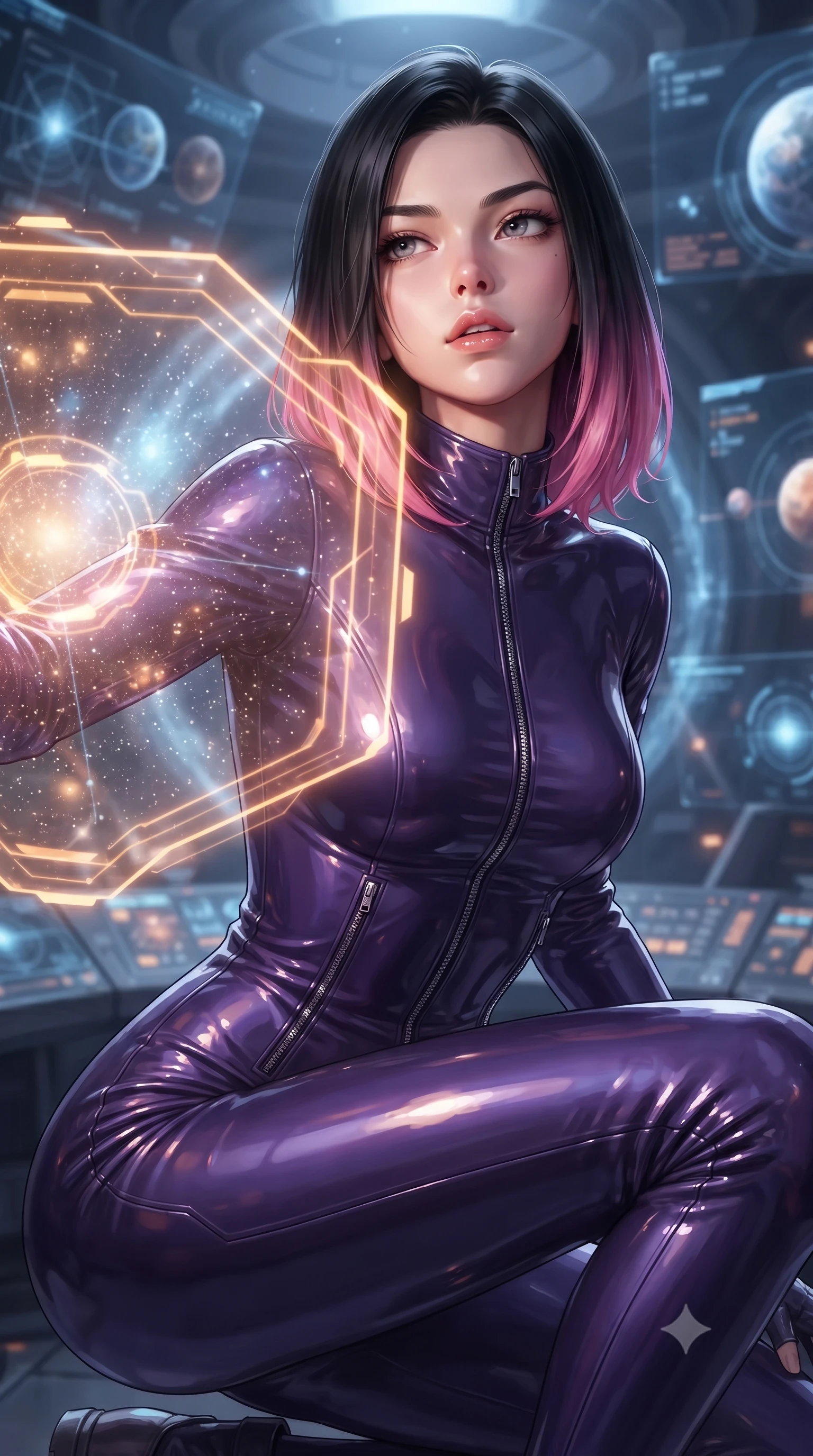 score_9, masterpiece, best quality, ultra-detailed, high-budget anime keyframe, editorial fashion photography, tasteful artistic composition, Korean woman. close-up cowboy shot from the waist and thighs up, the character dominates the composition, filling the frame with her large presence, background elements kept in soft focus. crouching slightly behind a glowing holographic shield emitter, looking up with defiance and lips slightly parted, the background shows a soft-focus the navigation deck of a singularity ship, surrounded by floating starmaps. She has an exceptionally elegant, slender, and willowy female figure with an ultra-slim waist, a gracefully sculpted slender torso, and a refined silhouette. sharp v-shaped jawline, high-bridge nose, intricate jewel-like eyes with depth, thick eyelashes, glossy lips with a natural sheen. wearing a body-hugging form-contouring pilot flight suit in deep purple liquid vinyl, featuring a snug mock-neck and chrome zipper details. soft starlight and the warm amber glow of planetary coordinate holograms. ultra-reflective glossy finish, specular highlights, metallic sheen, high-contrast stereoscopic depth, volumetric dynamic lighting, 2k, ultra detail, master piece, 9:16 ratio