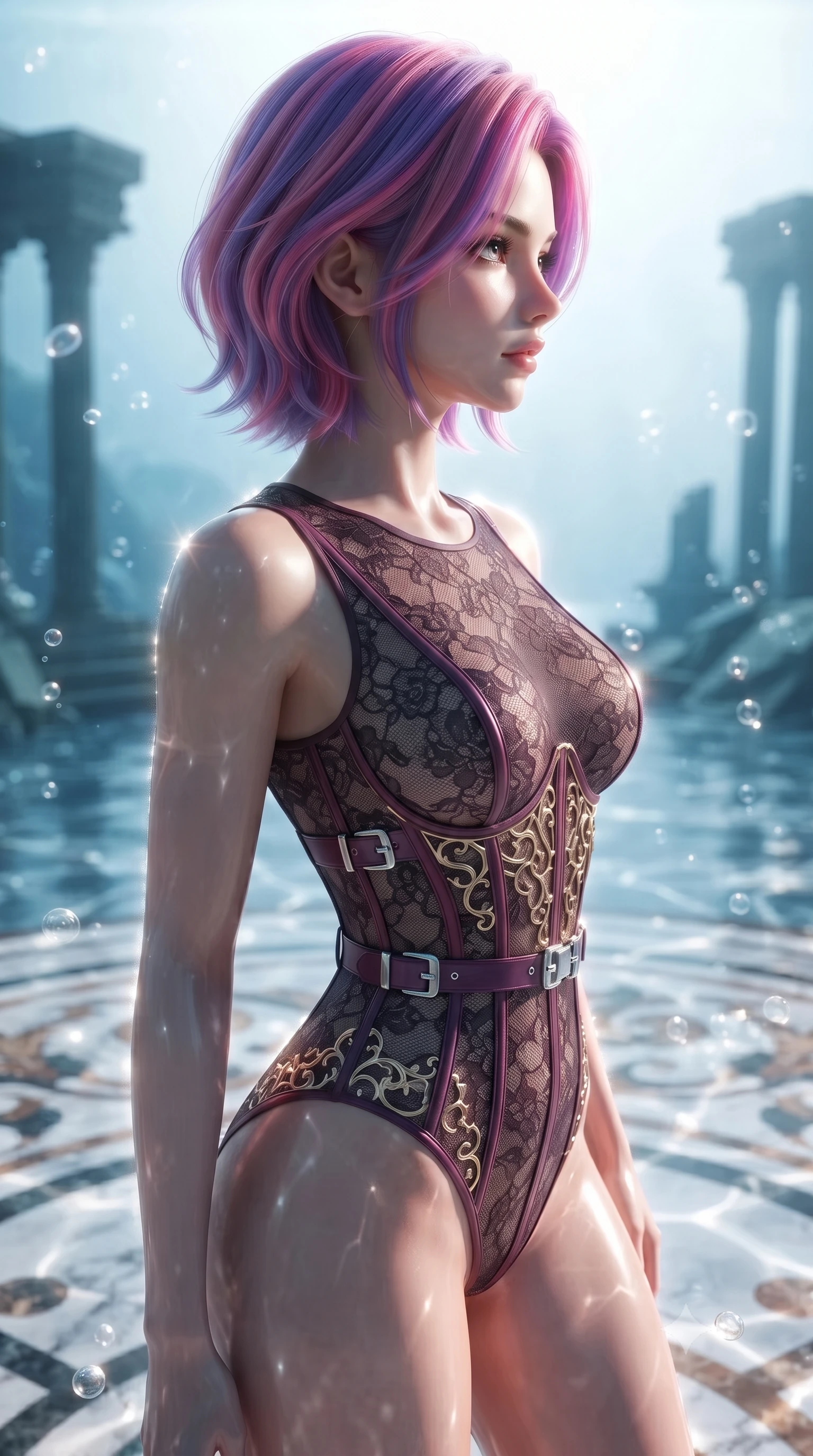score_9, masterpiece, best quality, ultra-detailed, high-budget anime keyframe, editorial fashion photography, tasteful artistic composition, Caucasian woman. close-up cowboy shot from the waist and thighs up, the character dominates the composition, filling the frame with her large presence, background elements kept in soft focus. Turning her face in sharp dramatic profile against the bright light, showcasing her sharp v-shaped jawline gliding over a mosaic marble floor illuminated by caustic water ripples, rising bioluminescent bubbles casting soft pearl-like highlights. She has an exceptionally elegant, slender, and willowy female figure with an ultra-slim waist, a gracefully sculpted slender torso, and a refined silhouette. sharp v-shaped jawline, high-bridge nose, intricate jewel-like eyes with depth, thick eyelashes, glossy lips with a natural sheen. wearing a sheer dark lace pattern bodysuit with structured corsetry boning in plum purple and gold filigree, formed from sleek second-skin neoprene, detailed with polished silver buckles along the waistline, the glove-like fit emphasizing her statuesque silhouette. surrounded by a shimmering ocean aura with bright pearl-white rim lights. ultra-reflective glossy finish, specular highlights, metallic sheen, high-contrast stereoscopic depth, volumetric dynamic lighting, 2k, ultra detail, master piece, 9:16 ratio