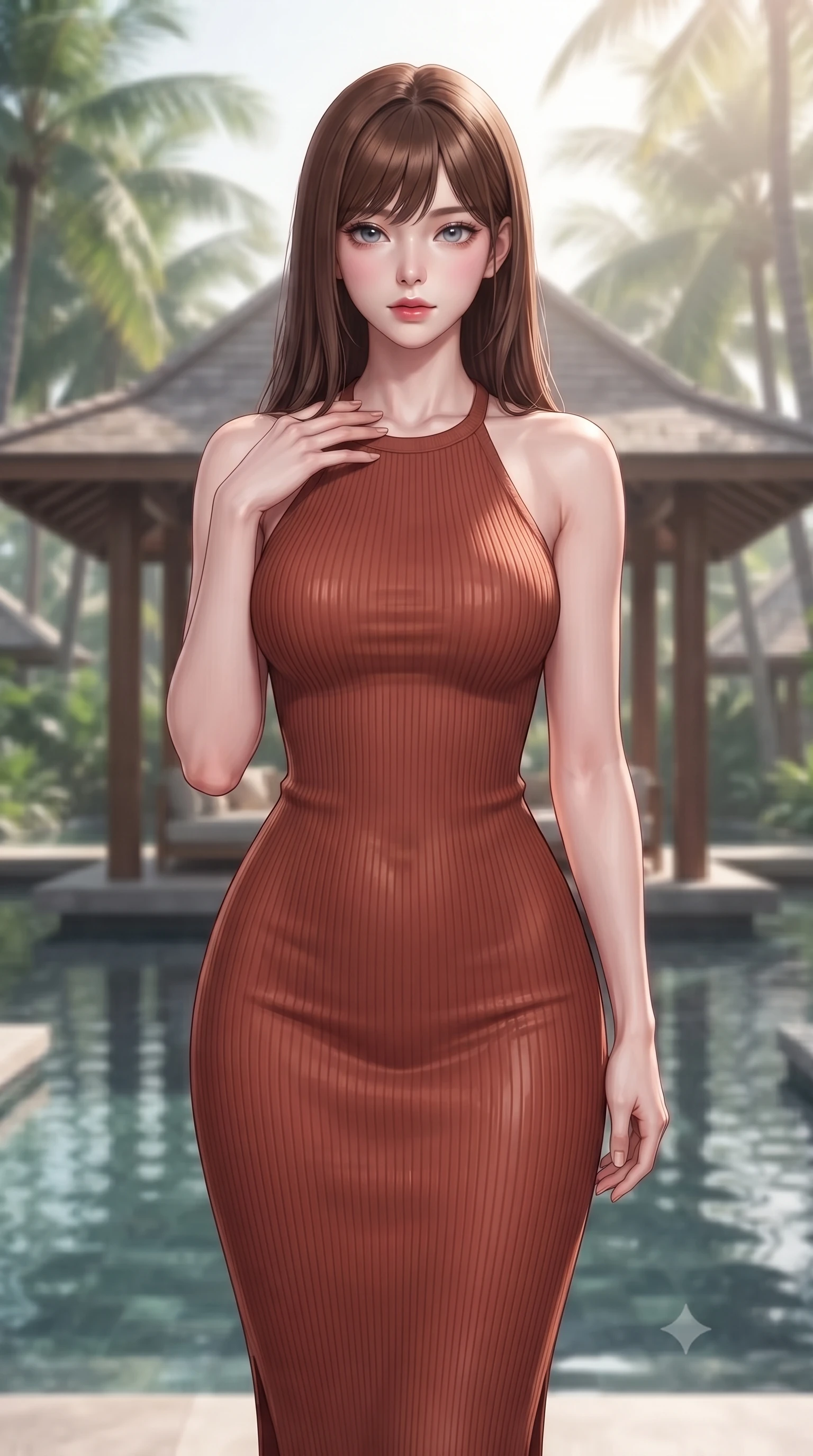 score_9, masterpiece, best quality, ultra-detailed, high-budget anime keyframe, editorial fashion photography, tasteful artistic composition, Korean woman woman. close-up cowboy shot from the waist and thighs up, the character dominates the composition, filling the frame with her large presence, background elements kept in soft focus. standing with one hand resting on her collarbone, looking at the viewer with bedroom-eyes the background shows a soft-focus a wooden open-air pavilion surrounded by lush tropical palm trees and a calm water pool. She has an exceptionally elegant, slender, and willowy female figure with an ultra-slim waist, a gracefully sculpted slender torso, and a refined silhouette. sharp v-shaped jawline, high-bridge nose, intricate jewel-like eyes with depth, thick eyelashes, glossy lips with a natural sheen. wearing a slim-fit form-contouring sleeveless ribbed knit halter midi dress in deep terracotta, tracing her willowy silhouette. soft diffused tropical morning sunrays creating a serene resort vibe. ultra-reflective glossy finish, specular highlights, metallic sheen, high-contrast stereoscopic depth, volumetric dynamic lighting, 2k, ultra detail, master piece, 9:16 ratio
