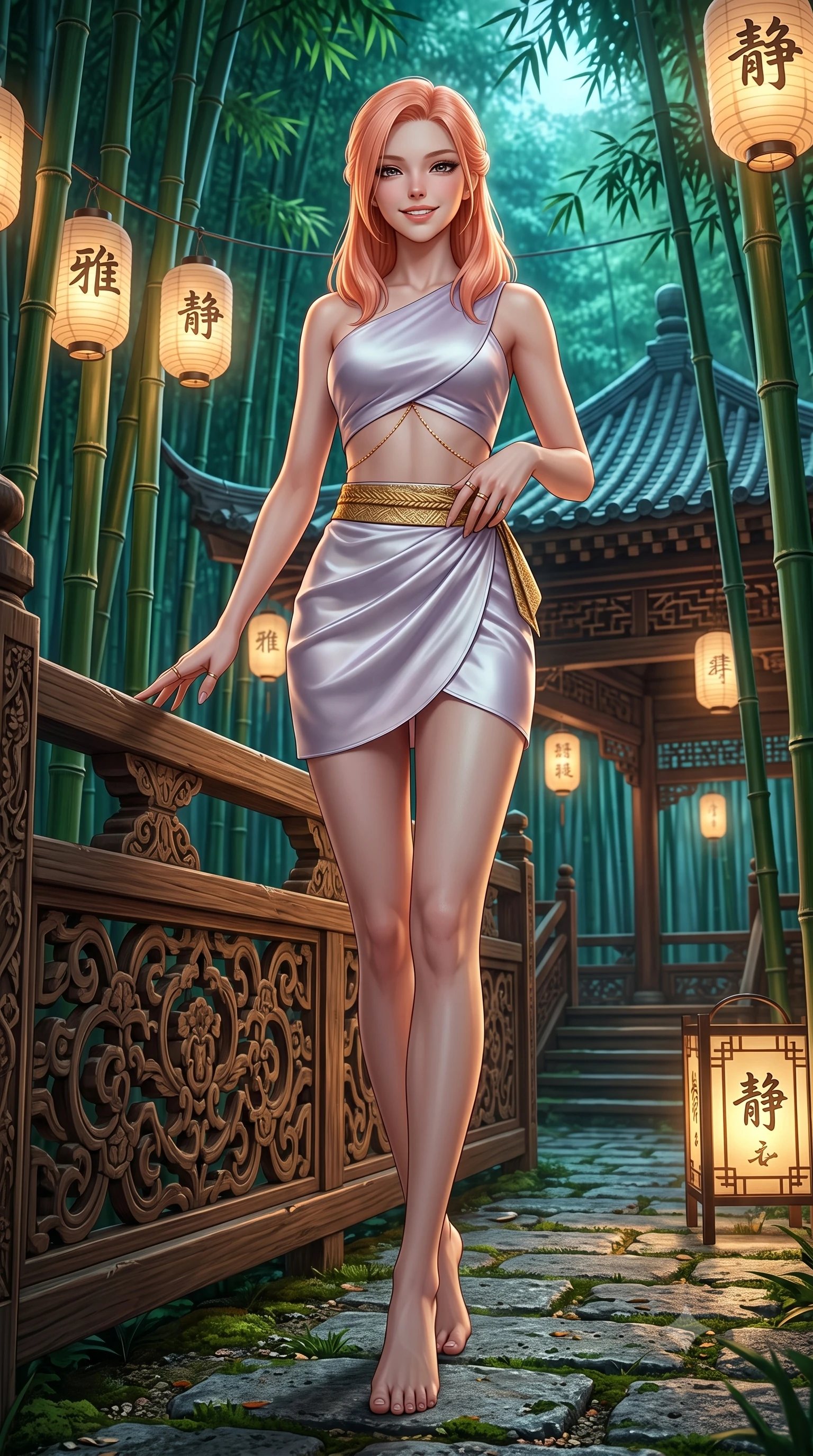 score_9, masterpiece, best quality, ultra-detailed, high-budget anime keyframe, semi-realistic 3D game render, editorial fashion photography, tasteful artistic composition, Japanese woman. low angle full-body shot from head to toe showing her feet, filling the entire 9:16 vertical frame with her statuesque presence, stretching her vertical silhouette. standing in a tall, confident posture with one hand on the carved palace railing, stretching her statuesque body as she arches her lower back to emphasize her sculpted feminine hips and slender waist while pausing mid-stride with one hand touching her obi belt, her statuesque 8.5-heads silhouette commanding the ethereal bamboo cathedral. The surrounding environment is rendered in vivid detail and crisp panoramic clarity: sharp bamboo stalk ring ridges, natural stone pathway texture, and paper lantern calligraphy clarity in deep focus. She has an absolutely perfect, statuesque 8.5-heads proportion, an exceptionally tall and slender model-like female figure with impossibly long slender legs, an ultra-slim waist, a flat toned midriff, narrow delicate ribcage, and beautifully sculpted feminine hips creating a graceful, slim hourglass silhouette without any bulky heaviness. sharp v-shaped jawline, high-bridge nose, intricate jewel-like dark sparkling almond eyes with depth, thick lashes, glossy parted lips with a natural rose-plum sheen, bright alluring and coquettish smile with bedroom-eyes, exuding both timeless oriental elegance and sovereign high-fashion allure, flawlessly proportioned anatomical accuracy, strict slender model proportions, natural body alignment, perfectly sculpted long slender limbs, ultra-slim waistline, clean dynamic posture without body distortion. wearing a sleek two-piece set featuring an asymmetric cross-over crop top and a wrap-around micro skirt tracing her hips in frosted lilac mist and pearlescent alabaster, crafted from heavy fluid silk satin with a liquid mirror-like sheen, accented with a delicate gold body chain draping loosely across her flat midriff, the form-fitting tailored bodice adhering flawlessly to her sculpted flat midriff and slender torso, emphasizing her long leg lines and perfectly proportioned willowy build. bathed in soft floating amber lantern light and cool moonlit emerald forest canopy fill. highly saturated vibrant anime colors, detailed shading with soft gradients, rich glossy textures, high-contrast stereoscopic depth, volumetric dynamic lighting, master piece, 9:16 ratio