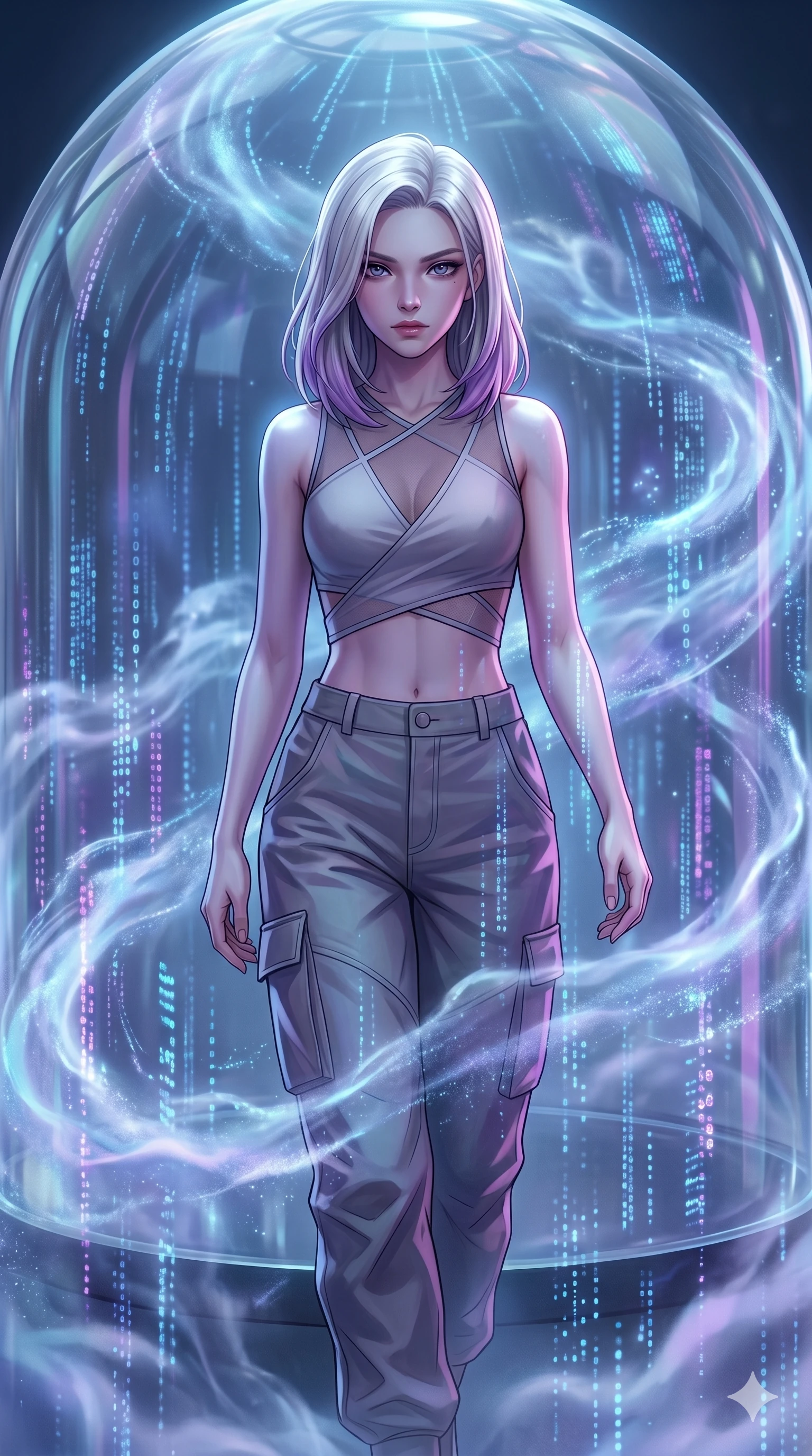 score_9, masterpiece, best quality, ultra-detailed, high-budget anime keyframe, editorial fashion photography, tasteful artistic composition, Caucasian woman, strictly human ears. Upper body close-up from the thighs up, character filling the screen for maximum presence. Standing in a glass dome filled with swirling digital mist, walking through the mist, looking back with an enigmatic, intense gaze. She is wearing a cropped wrap top with sheer panels and high-waisted cargo pants. The scene is bathed in the blue and purple light filtering through the digital mist. 2k, ultra detail, master piece, 9:16 ratio