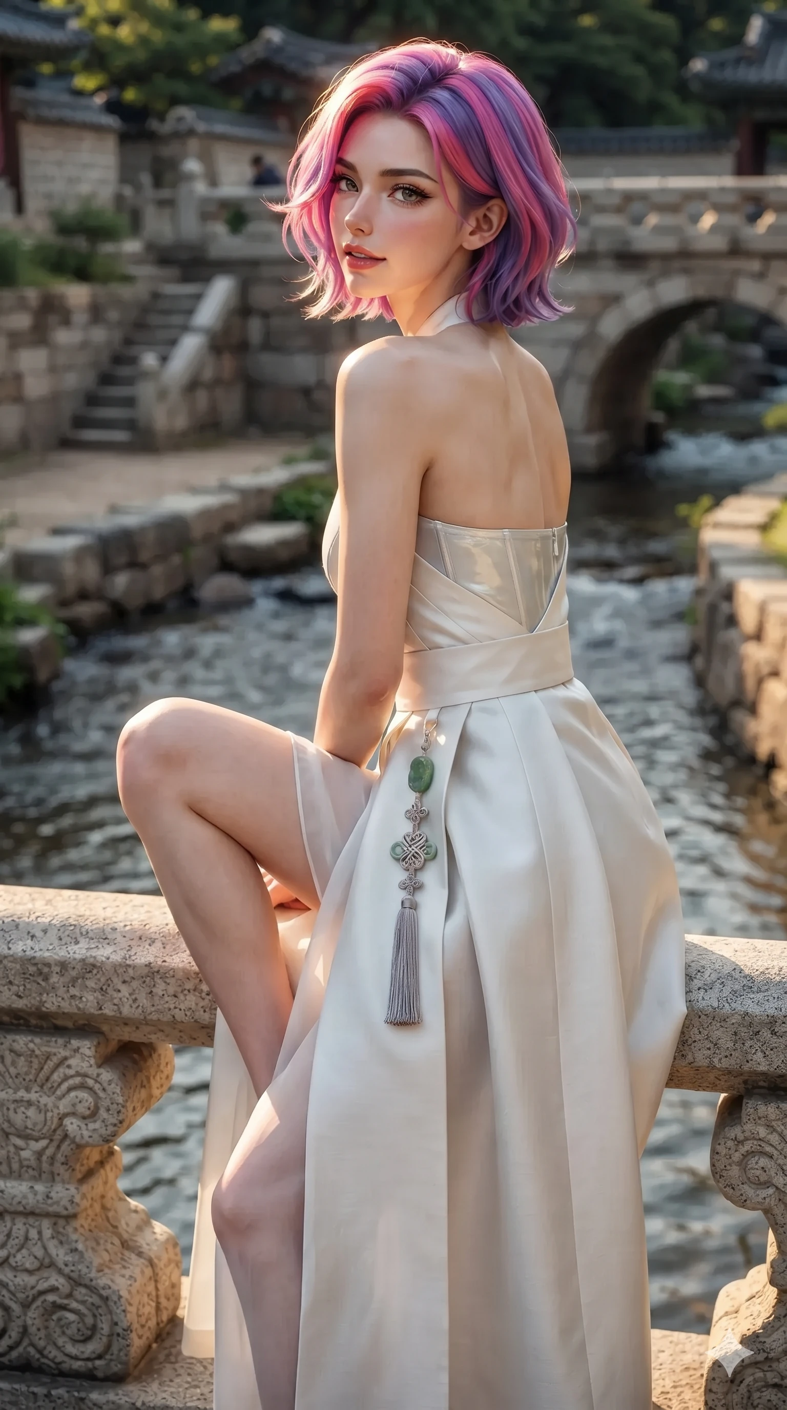 score_9, masterpiece, best quality, ultra-detailed, high-budget anime keyframe, editorial fashion photography, tasteful artistic composition, Caucasian woman. close-up cowboy shot from the waist and thighs up, the character dominates the composition, filling the frame with her large presence. posing in an alluring rear three-quarter angle, looking over a bare shoulder with parted glossy lips, her hips cocked back to highlight her slim hourglass curve while perched sideways on the stone bridge balustrade with one knee drawn up to showcase her slender leg line while her arched back accentuates her curves. The surrounding environment is rendered in vivid detail and crisp panoramic clarity: detailed wet-look vinyl bustier tailoring, sheer chiffon wrap trousers, and traditional stone masonry in razor-sharp precision. She has an exceptionally elegant, slender, and willowy female figure with an ultra-slim waist, flat toned midriff, narrow ribcage, and sculpted feminine hips creating an alluring, slim hourglass silhouette without bulk. sharp v-shaped jawline, high-bridge nose, sparkling eyes with hypnotic seductive depth, thick curled eyelashes, glossy parted lips with a natural dewy peach sheen, alluring bedroom-eyes with an enchanting coquettish smile, exuding magnetic siren charisma and sophisticated glamour, flawlessly proportioned anatomical accuracy, strict slender model proportions, natural body alignment, perfectly sculpted long slender limbs, ultra-slim waistline, clean dynamic posture without body distortion. wearing a structured minimalist hanbok wrap coat dress with clean geometric lines and a wide formal sash in celestial pearl white and moonlight platinum, tailored from heavy double-faced silk faille with an exceptionally fluid drape, finished with authentic carved jade pendants and traditional norigae knots, the impeccably tailored cut draping gracefully along her slender figure with aristocratic eastern poise. illuminated by stream water bounce and sharp golden-amber rim lights sculpting her razor-sharp jawline, narrow waist, and curvy hips. ultra-reflective glossy finish, specular highlights, rich textural contrasts, high-contrast stereoscopic depth, volumetric dynamic lighting, 2k, ultra detail, master piece, 9:16 ratio