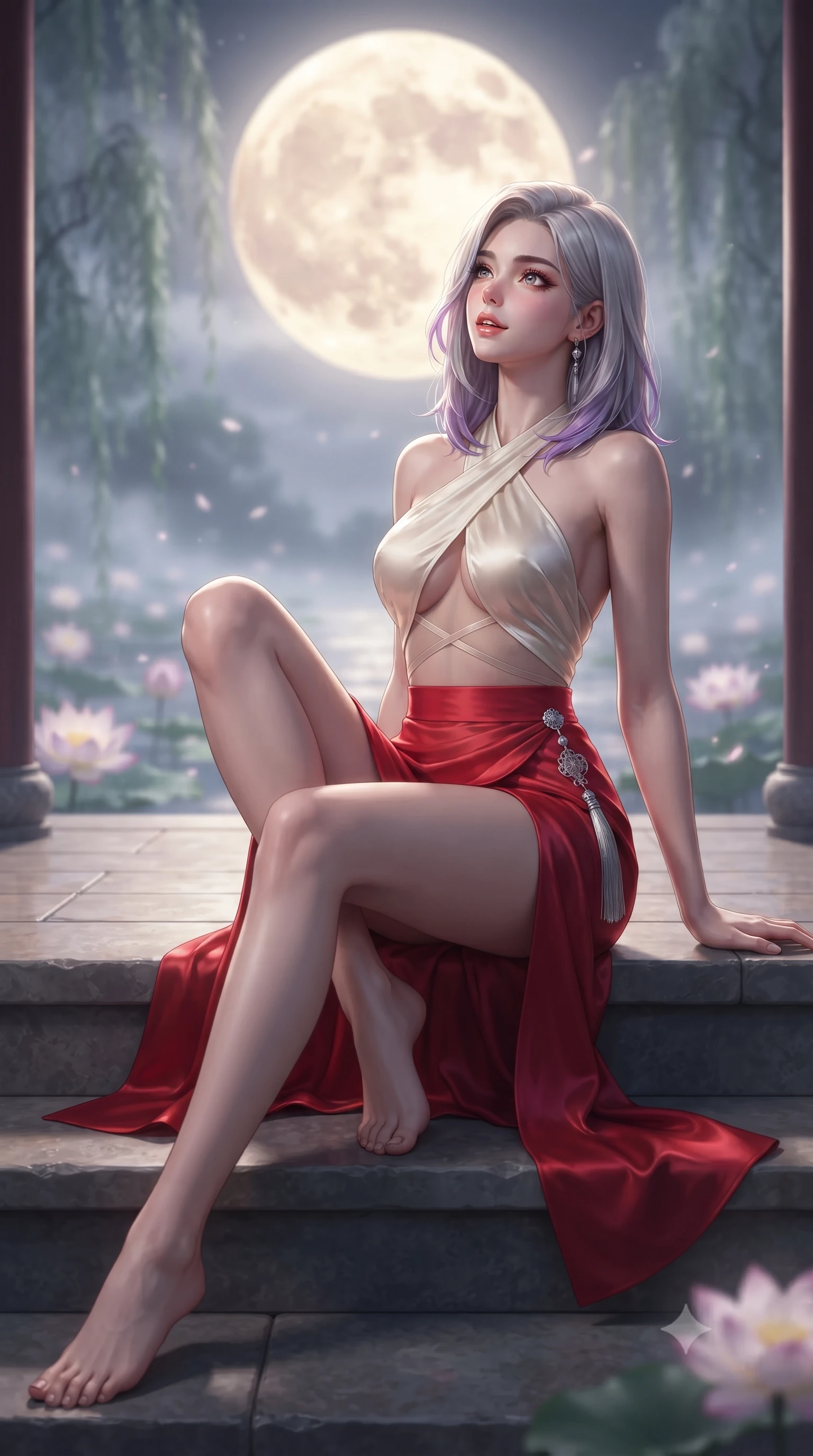 score_9, masterpiece, best quality, ultra-detailed, high-budget anime keyframe, editorial fashion photography, tasteful artistic composition, Caucasian woman. low angle full-body shot from head to toe showing her feet, filling the entire 9:16 vertical frame with her statuesque presence, stretching her vertical silhouette. sitting poised on the stone steps with one knee bent, arching her spine with supermodel elegance as she glances upward through thick eyelashes while sitting perched on the lacquered veranda steps with legs crossed, arching her lower back with breathtaking siren grace as lotus blossoms drift below. The background shows a soft-focus the giant glowing harvest full moon, floating lotus blossoms, and misty willow trees blurred into silver, jade, and amethyst bokeh. She has an absolutely perfect, statuesque 8.5-heads proportion, an exceptionally tall and slender model-like female figure with impossibly long slender legs, an ultra-slim waist, a flat toned midriff, narrow delicate ribcage, and beautifully sculpted feminine hips creating a graceful, slim hourglass silhouette without any bulky heaviness. sharp v-shaped jawline, high-bridge nose, sparkling eyes with hypnotic seductive depth, thick curled eyelashes, glossy parted lips with a natural dewy peach sheen, alluring bedroom-eyes with an enchanting coquettish smile, exuding magnetic siren charisma and sophisticated glamour, flawlessly proportioned anatomical accuracy, strict slender model proportions, natural body alignment, perfectly sculpted long slender limbs, ultra-slim waistline, clean dynamic posture without body distortion. wearing a high-waisted silk wrap sarong skirt with a hip-high slit paired with a plunging criss-cross satin halter top in royal vermilion crimson and pale ivory silk, made of semi-opaque stretch illusion mesh with soft shadowy contours, accented with an intricate silver norigae tassel swaying gracefully along her curving hip line, the form-contouring silhouette accentuating her sculpted flat midriff, narrow delicate ribcage, and gracefully curvy hips with intoxicating allure. illuminated by pond surface moonbeam bounce and sharp platinum rim lights sculpting her razor-sharp jawline, narrow waist, and curvy hips. ultra-reflective glossy finish, specular highlights, rich textural contrasts, high-contrast stereoscopic depth, volumetric dynamic lighting, 2k, ultra detail, master piece, 9:16 ratio