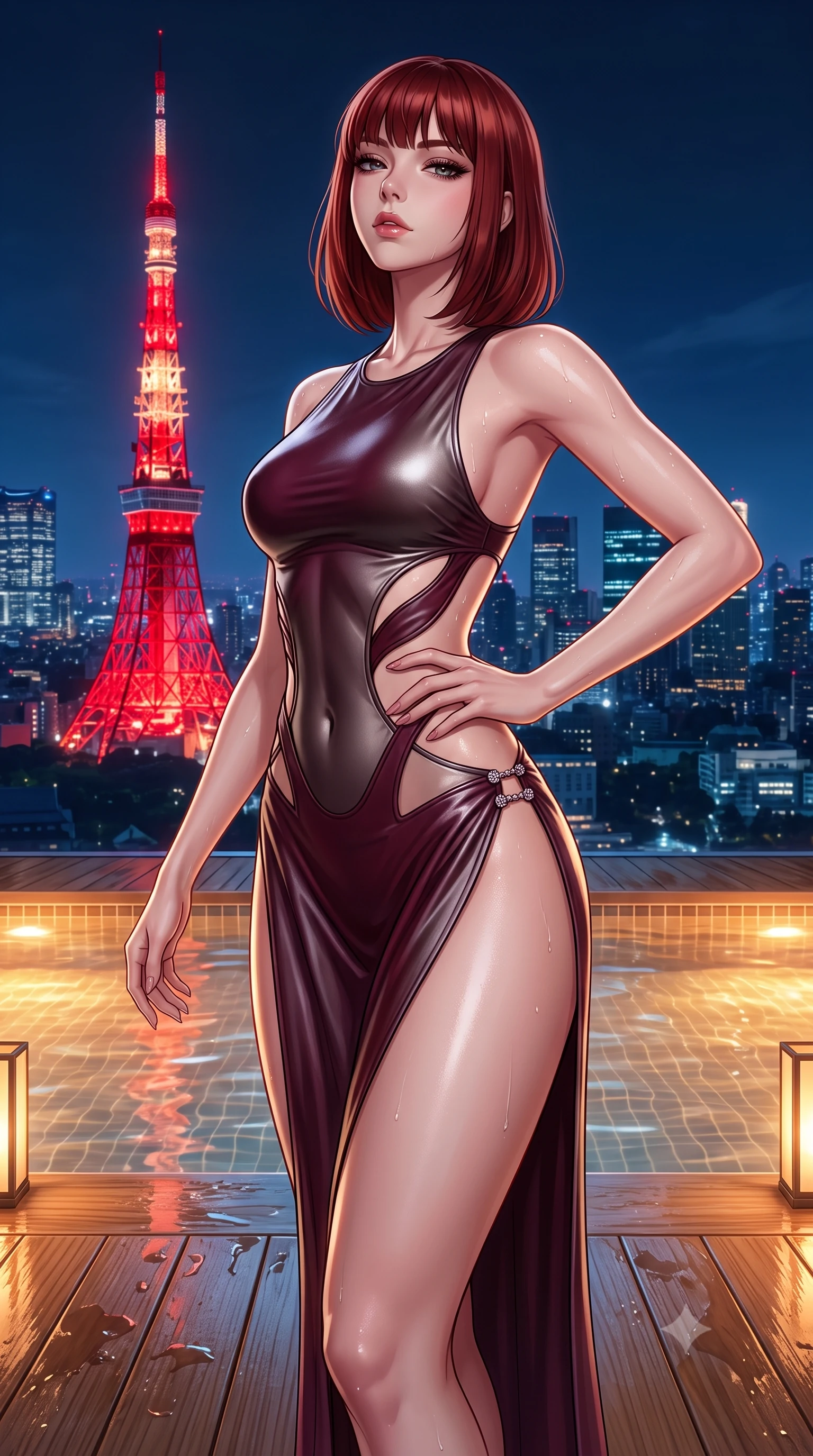 score_9, masterpiece, best quality, ultra-detailed, high-budget anime keyframe, semi-realistic 3D game render, editorial fashion photography, tasteful artistic composition, Caucasian woman. close-up cowboy shot from the waist and thighs up, the character dominates the composition, filling the frame with her large presence. tilting her chin up with proud, sovereign allure while gazing through thick eyelashes, one hand resting on her waist in pure supermodel charisma while standing poised on the wet hinoki wooden deck beside the water's edge, turning in an alluring silhouette as Tokyo Tower glows crimson behind her. The surrounding environment is rendered in vivid detail and crisp panoramic clarity. detailed wet fabric drape, glistening skin beads, and Tokyo skyline grid clarity in high resolution. She has an exceptionally elegant, slender, and willowy female figure with an ultra-slim waist, flat toned midriff, narrow ribcage, and sculpted feminine hips creating an alluring, slim hourglass silhouette without bulk. sharp v-shaped jawline, high-bridge nose, intricate jewel-like eyes with depth, thick eyelashes, glossy parted lips with a natural sheen, intensely captivating and seductive bedroom-eyes expression, flawlessly proportioned anatomical accuracy, strict slender model proportions, natural body alignment, perfectly sculpted long slender limbs, ultra-slim waistline, clean dynamic posture without body distortion. wearing a botanical cutout monokini with organic leaf-curve side openings and high-cut hip bands in deep wine burgundy and brushed dark platinum, formed from supple second-skin lambskin leather with specular sheen, finished with an ultra-high side slit secured by miniature jeweled clasps, the form-contouring material adhering flawlessly to her sculpted flat midriff and slender torso, emphasizing her long leg lines and perfectly proportioned willowy build. bathed in warm submerged amber pool lights contrasting with cool midnight blue metropolitan skylight. highly saturated vibrant anime colors, detailed shading with soft gradients, rich glossy textures, high-contrast stereoscopic depth, volumetric dynamic lighting, master piece, 9:16 ratio