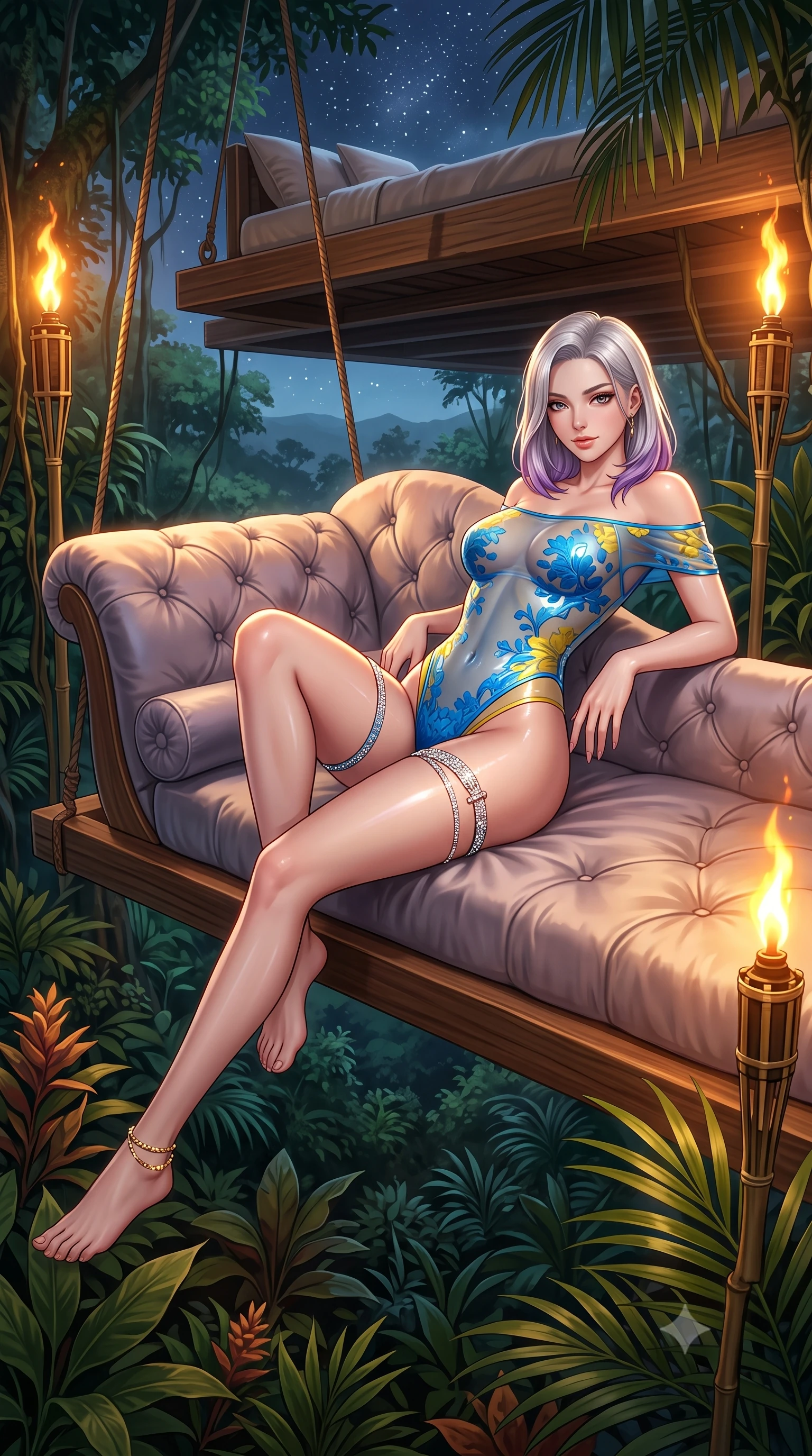 score_9, masterpiece, best quality, ultra-detailed, high-budget anime keyframe, semi-realistic 3D game render, editorial fashion photography, tasteful artistic composition, Caucasian woman. low angle full-body shot from head to toe showing her feet, filling the entire 9:16 vertical frame with her statuesque presence, stretching her vertical silhouette. reclining gracefully across the plush chaise lounge with one leg extended, her sculpted silhouette and flat midriff radiating magnetic nocturnal glamour while lounging across the suspended oversized teak daybed floating high in the jungle canopy, arching her lower back to emphasize her curvy hips with effortless poise. The surrounding environment is rendered in vivid detail and crisp panoramic clarity: detailed backless plunge-front silk satin jumpsuit tailoring, gold ankle chain gleam, and eco-luxury architectural craft in razor-sharp precision. She has an absolutely perfect, statuesque 8.5-heads proportion, an exceptionally tall and slender model-like female figure with impossibly long slender legs, an ultra-slim waist, a flat toned midriff, narrow delicate ribcage, and beautifully sculpted feminine hips creating a graceful, slim hourglass silhouette without any bulky heaviness. sharp v-shaped jawline, high-bridge nose, sparkling eyes with hypnotic seductive depth, thick curled eyelashes, glossy parted lips with a natural dewy peach sheen, alluring bedroom-eyes with an enchanting coquettish smile, exuding magnetic siren charisma and sophisticated glamour, flawlessly proportioned anatomical accuracy, strict slender model proportions, natural body alignment, perfectly sculpted long slender limbs, ultra-slim waistline, clean dynamic posture without body distortion. wearing an off-the-shoulder sheer-illusion mesh bodysuit with strategic floral flocking and high-cut leg openings in Amalfi azure blue and sunlit lemon gold, crafted from wet-look high-gloss vinyl fabric with dazzling specular surface reflections, finished with delicate crystal-encrusted thigh garter straps glinting in the dim light, the glove-like clinging cut tightly following the natural contour of her hips and long slender legs with youthful 8.5-heads elegance. bathed in the rich dynamic golden-orange glow of real outdoor bamboo oil torches combined with celestial starlight. highly saturated vibrant anime colors, detailed shading with soft gradients, rich glossy textures, high-contrast stereoscopic depth, volumetric dynamic lighting, master piece, 9:16 ratio