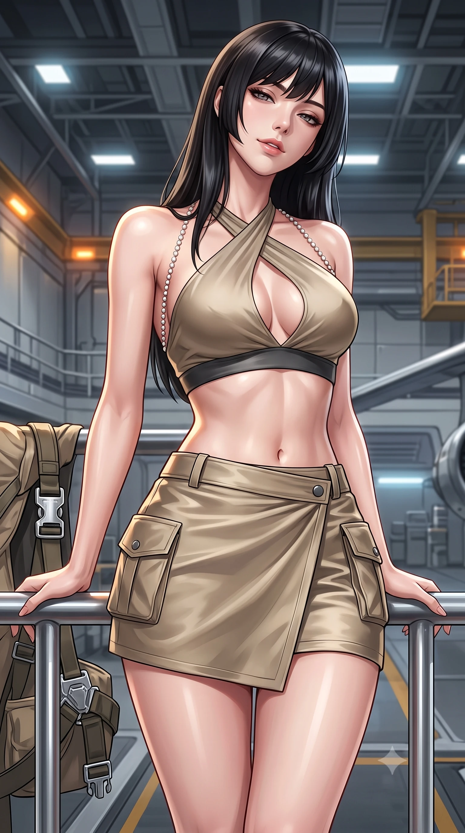 score_9, masterpiece, best quality, ultra-detailed, high-budget anime keyframe, semi-realistic 3D game render, editorial fashion photography, tasteful artistic composition, Caucasian woman. close-up cowboy shot from the waist and thighs up, the character dominates the composition, filling the frame with her large presence. leaning back against the balustrade with relaxed seductive grace, head tilted back slightly while casting a hypnotic, heavy-lidded gaze while twisting her slender torso in an alluring S-curve, high-bay mercury vapor lamps tracing her narrow waist, flat midriff, and curvy hips. The surrounding environment is rendered in vivid detail and crisp panoramic clarity: detailed high-cut tactical bodysuit tailoring, chrome buckle shine, and aerospace hangar engineering in high resolution. She has an exceptionally elegant, slender, and willowy female figure with an ultra-slim waist, flat toned midriff, narrow ribcage, and sculpted feminine hips creating an alluring, slim hourglass silhouette without bulk. sharp v-shaped jawline, high-bridge nose, sparkling eyes with hypnotic seductive depth, thick curled eyelashes, glossy parted lips with a natural dewy peach sheen, alluring bedroom-eyes with an enchanting coquettish smile, exuding magnetic siren charisma and sophisticated glamour, flawlessly proportioned anatomical accuracy, strict slender model proportions, natural body alignment, perfectly sculpted long slender limbs, ultra-slim waistline, clean dynamic posture without body distortion. wearing a high-waisted tactical wrap mini skirt with dual utility pockets paired with a plunging criss-cross halter sports top in tactical desert sand khaki and matte carbon grey, crafted from fluid liquid silk satin that clings smoothly to every curve with a dewy sheen, accented with a pearl-drop body harness subtly framing her dewy collarbones and spine, the second-skin tailored fabric adhering flawlessly to her sculpted flat midriff and slender torso, emphasizing her long leg lines and perfectly proportioned willowy build. bathed in high-altitude aerospace hangar floodlights mixed with amber safety strobe accents. highly saturated vibrant anime colors, detailed shading with soft gradients, rich glossy textures, high-contrast stereoscopic depth, volumetric dynamic lighting, master piece, 9:16 ratio