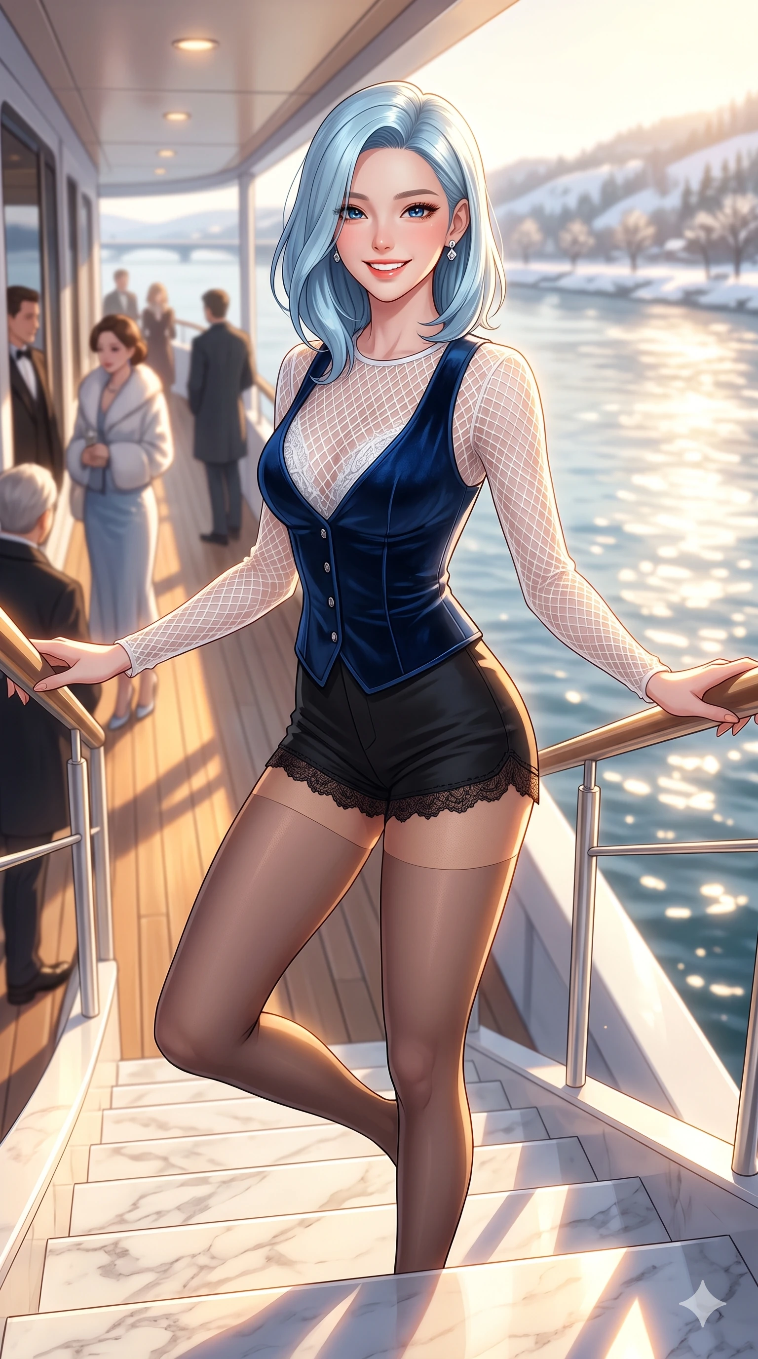 score_9, masterpiece, best quality, ultra-detailed, high-budget anime keyframe, vibrant anime aesthetic, Korean woman. cowboy shot from the thighs up, character and outfit filling the frame for maximum presence. She is standing on the marble steps, looking at the camera with a radiant winter smile on the deck of a luxury riverboat in the winter sun (Code-P21-128). She has an absolutely perfect 8-heads proportion, an exceptionally tall and slender female figure with impossibly long slender legs and an ultra-slim waist. V-shaped jawline, high-bridge nose, intricate jewel-like eyes with depth, thick eyelashes, glossy lips with a natural sheen. wearing a sheer mesh resort top paired with a structured corset and micro-shorts in winter. She is bathed in a luminous, warm sunshine highlighting her winter silhouette and features. 2k, ultra detail, master piece, 9:16 ratio