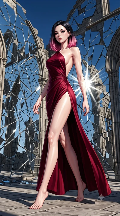 score_9, masterpiece, best quality, ultra-detailed, high-budget anime keyframe, editorial fashion photography, tasteful artistic composition, Korean woman. low angle full-body shot from head to toe showing her feet, filling the entire 9:16 vertical f