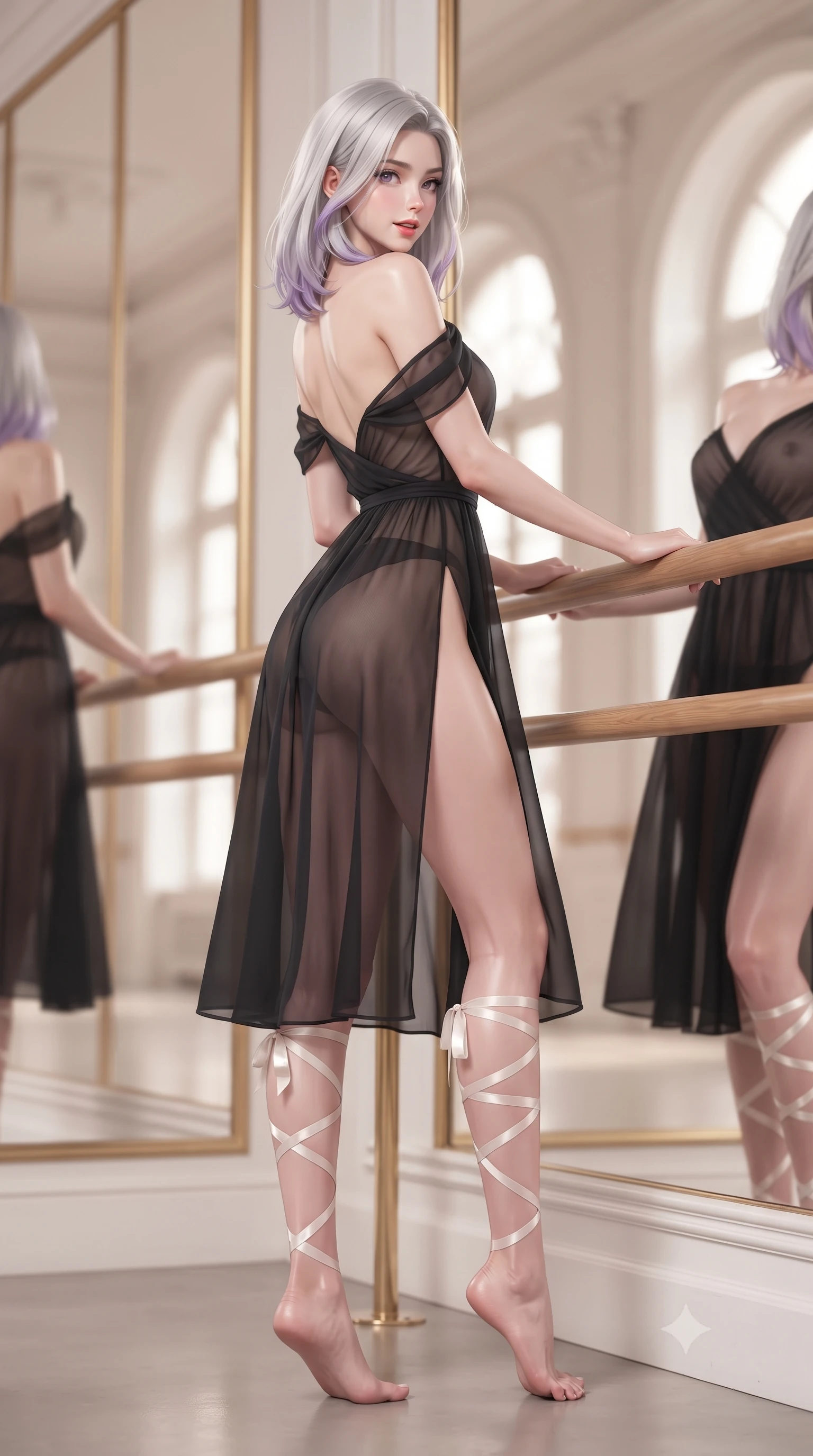 score_9, masterpiece, best quality, ultra-detailed, high-budget anime keyframe, editorial fashion photography, tasteful artistic composition, Caucasian woman. low angle full-body shot from head to toe showing her feet, filling the entire 9:16 vertical frame with her statuesque presence, stretching her vertical silhouette. executing a slow, graceful pivot turn as her skirt sways around her slender legs, glancing back with an enchanting, teasing sensual expression while leaning back against the barre with hips cocked back, looking into the floor-to-ceiling mirror with an alluring, parted-lip smile. The background shows a soft-focus endless reflections in gilded floor-to-ceiling mirrors, soaring arched windows, and white molding blurred into cream, peach, and gold bokeh. She has an absolutely perfect, statuesque 8.5-heads proportion, an exceptionally tall and slender model-like female figure with impossibly long slender legs, an ultra-slim waist, a flat toned midriff, narrow delicate ribcage, and beautifully sculpted feminine hips creating a graceful, slim hourglass silhouette without any bulky heaviness. sharp v-shaped jawline, high-bridge nose, sparkling eyes with hypnotic seductive depth, thick curled eyelashes, glossy parted lips with a natural dewy peach sheen, alluring bedroom-eyes with an enchanting coquettish smile, exuding magnetic siren charisma and sophisticated glamour, flawlessly proportioned anatomical accuracy, strict slender model proportions, natural body alignment, perfectly sculpted long slender limbs, ultra-slim waistline, clean dynamic posture without body distortion. wearing a delicate sheer gossamer chiffon ballet wrap dress slipping off bare shoulders with a daring hip-high leg slit in high-contrast monochrome black and optic white, made of sheer gossamer chiffon that drapes softly against skin with airy translucence, finished with delicate satin ballet ribbon ties criss-crossing up her slender calves to the knee, the precision-cut side openings and low-back scoop framing her graceful spine and the sensual sweep of her slim, toned hips. illuminated by mirror reflection bounce and sharp platinum rim lights sculpting her jawline, flat midriff, and voluptuous hip curves. ultra-reflective glossy finish, specular highlights, rich textural contrasts, high-contrast stereoscopic depth, volumetric dynamic lighting, 2k, ultra detail, master piece, 9:16 ratio