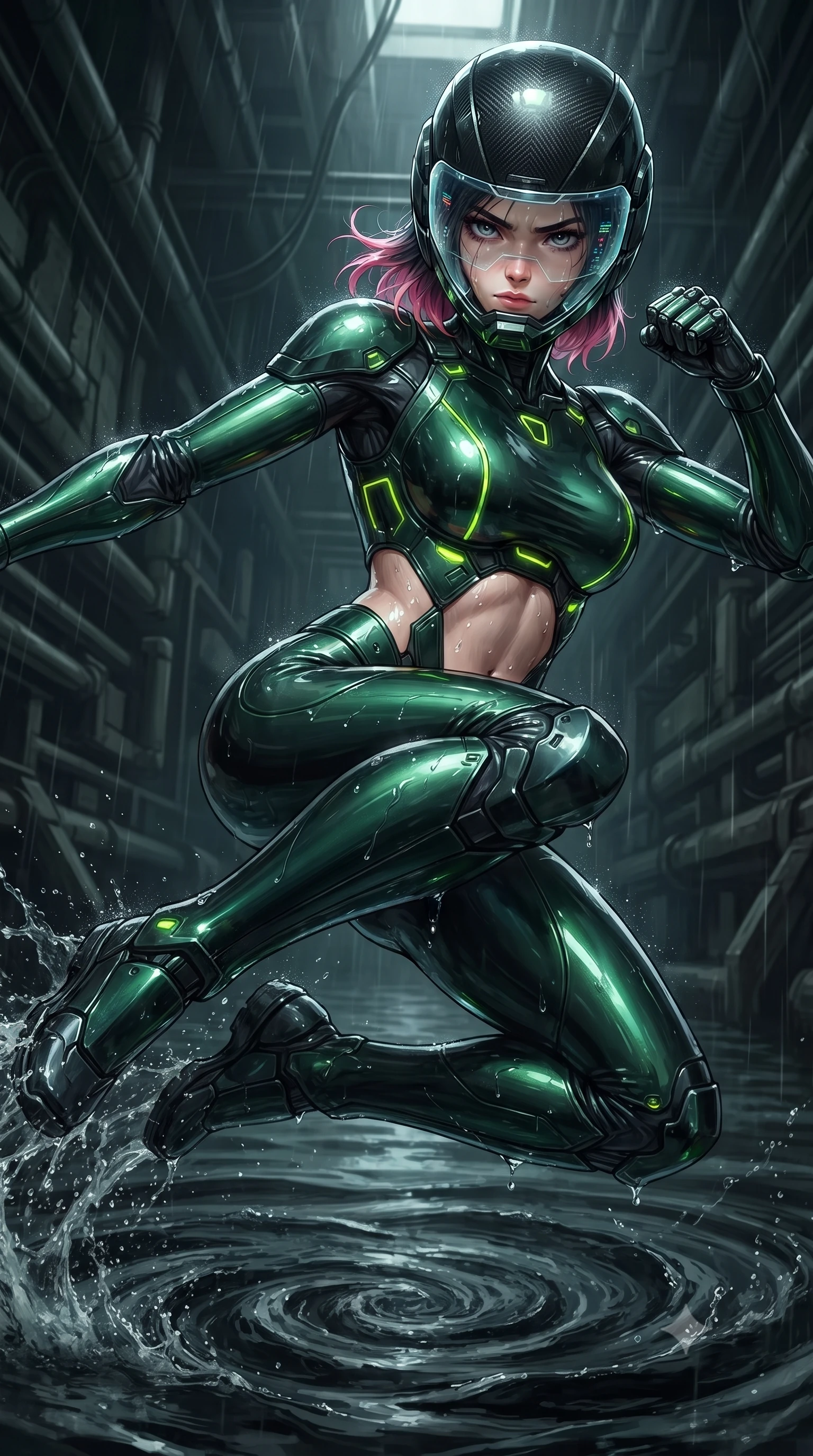score_9, masterpiece, best quality, ultra-detailed, high-budget anime keyframe, editorial fashion photography, tasteful artistic composition, Korean woman. close-up cowboy shot from the waist and thighs up, the character dominates the composition, filling the frame with her large presence. tilting her head slightly with solemn warrior composure, sweat and rain glistening on her sculpted collarbones and high-bridge nose while executing a soaring 180-degree spinning hook kick above black industrial floodwaters with reinforced kinetic shin guards spraying water arcs. The surrounding environment is rendered in vivid detail and crisp panoramic clarity. deep subterranean chiaroscuro and raw industrial conduit engineering rendered with precision. She has an exceptionally elegant, slender, and willowy female figure with an ultra-slim waist, a gracefully sculpted slender torso, toned flat midriff, and a refined slim silhouette. sharp v-shaped jawline, high-bridge nose, intricate jewel-like eyes with depth, thick eyelashes, glossy lips with a natural sheen, fierce and resolute heroine expression, flawlessly proportioned anatomical accuracy, strict slender model proportions, natural body alignment, perfectly sculpted long slender limbs, ultra-slim waistline, clean dynamic posture without body distortion. wearing an open-face aerodynamic carbon-fiber combat helmet with a retracted transparent holographic HUD visor framing her sharp jawline and jewel-like eyes, paired with an ultra-sleek high-gloss carbon-composite exoskeleton suit featuring kinetic shock-absorbing shin guards and flexible limb articulation joints in toxic emerald green carbon composite with glowing lime warning channels, formed from high-gloss patent carbon-plating with specular dystopian chiaroscuro reflections, featuring a sleek aerodynamic collar framed by subtle glowing cybernetic status LEDs, the precision-cut daring openings accentuating her delicate midriff, graceful bare collarbones, and ultra-slim feminine waistline. surrounded by an agile, lethal, and breathtakingly athletic aquatic infiltration operative aura. ultra-reflective glossy finish, specular highlights, dark metallic sheen, high-contrast stereoscopic depth, volumetric dynamic lighting, 2k, ultra detail, master piece, 9:16 ratio