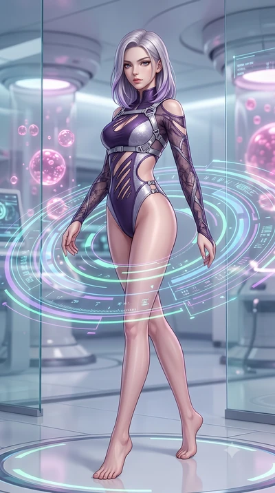 score_9, masterpiece, best quality, ultra-detailed, high-budget anime keyframe, semi-realistic 3D game render, editorial fashion photography, tasteful artistic composition, Caucasian woman. low angle full-body shot from head to toe showing her feet, 