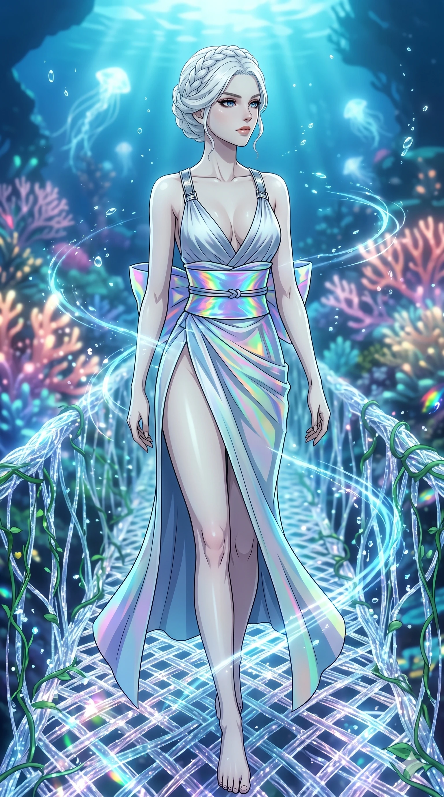 score_9, masterpiece, best quality, ultra-detailed, High-budget Anime Keyframe, vibrant colors, fluid line-art, expressive lighting, cinematic composition, Ufotable-style visual effects, top-tier animation quality, Caucasian woman with pale skin and refined features. Upper body close-up from the thighs up, character filling the screen for maximum presence. Walking across a bridge made of woven light and digital vines. She has an absolutely perfect 8-heads proportion, an exceptionally tall and slender female figure with impossibly long slender legs and an ultra-slim waist, her statuesque height and towering silhouette dominating the vertical 9:16 frame. Her face is a masterpiece featuring a sharp v-shaped jawline, high-bridge nose, intricate jewel-like eyes with depth, thick eyelashes, and glossy lips with a natural sheen. She is wearing a High-slit tech-kimono with a holographic obi and deep-plunging silk hanbok-fusion with metallic straps.. The scene is set in an underwater Eden where the plants are made of light and fiber-optics. 2k, ultra detail, master piece, 9:16 ratio