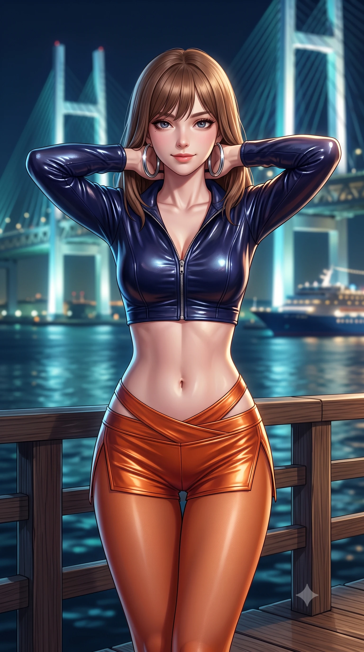score_9, masterpiece, best quality, ultra-detailed, high-budget anime keyframe, semi-realistic 3D game render, editorial fashion photography, tasteful artistic composition, Korean woman. close-up cowboy shot from the waist and thighs up, the character dominates the composition, filling the frame with her large presence. resting both hands lightly behind her neck with elbows raised, arching her spine to highlight her narrow waist, flat midriff, and breathtaking collarbones while standing at the pier wooden railing overlooking the illuminated suspension bridge, arching her back with breathtaking city-pop romance. The background shows a soft-focus the towering illuminated cables of Yokohama Bay Bridge and harbor cruise ship lights blurred into aquamarine, sapphire, and gold bokeh. She has an exceptionally elegant, slender, and willowy female figure with an ultra-slim waist, flat toned midriff, narrow ribcage, and sculpted feminine hips creating an alluring, slim hourglass silhouette without bulk. sharp v-shaped jawline, high-bridge nose, sparkling eyes with hypnotic seductive depth, thick curled eyelashes, glossy parted lips with a natural dewy peach sheen, alluring bedroom-eyes with an enchanting coquettish smile, exuding magnetic siren charisma and sophisticated glamour, flawlessly proportioned anatomical accuracy, strict slender model proportions, natural body alignment, perfectly sculpted long slender limbs, ultra-slim waistline, clean dynamic posture without body distortion. wearing a form-fitting zip-front wet-look vinyl bolero jacket paired with low-rise metallic hot-pants and sheer stockings in sunset tangerine orange and deep navy indigo, crafted from fluid liquid silk satin that clings smoothly to every curve with a dewy sheen, accented with oversized polished chrome hoop earrings catching the ambient neon glow, the high-slit wrap tailoring accentuating her ultra-slim waistline and the enchanting curve of her feminine hips with alluring seductive charm. illuminated by harbor water moonbeam bounce and sharp platinum rim lights defining her collarbones, narrow waist, and curvy hips. highly saturated vibrant anime colors, detailed shading with soft gradients, rich glossy textures, high-contrast stereoscopic depth, volumetric dynamic lighting, master piece, 9:16 ratio
