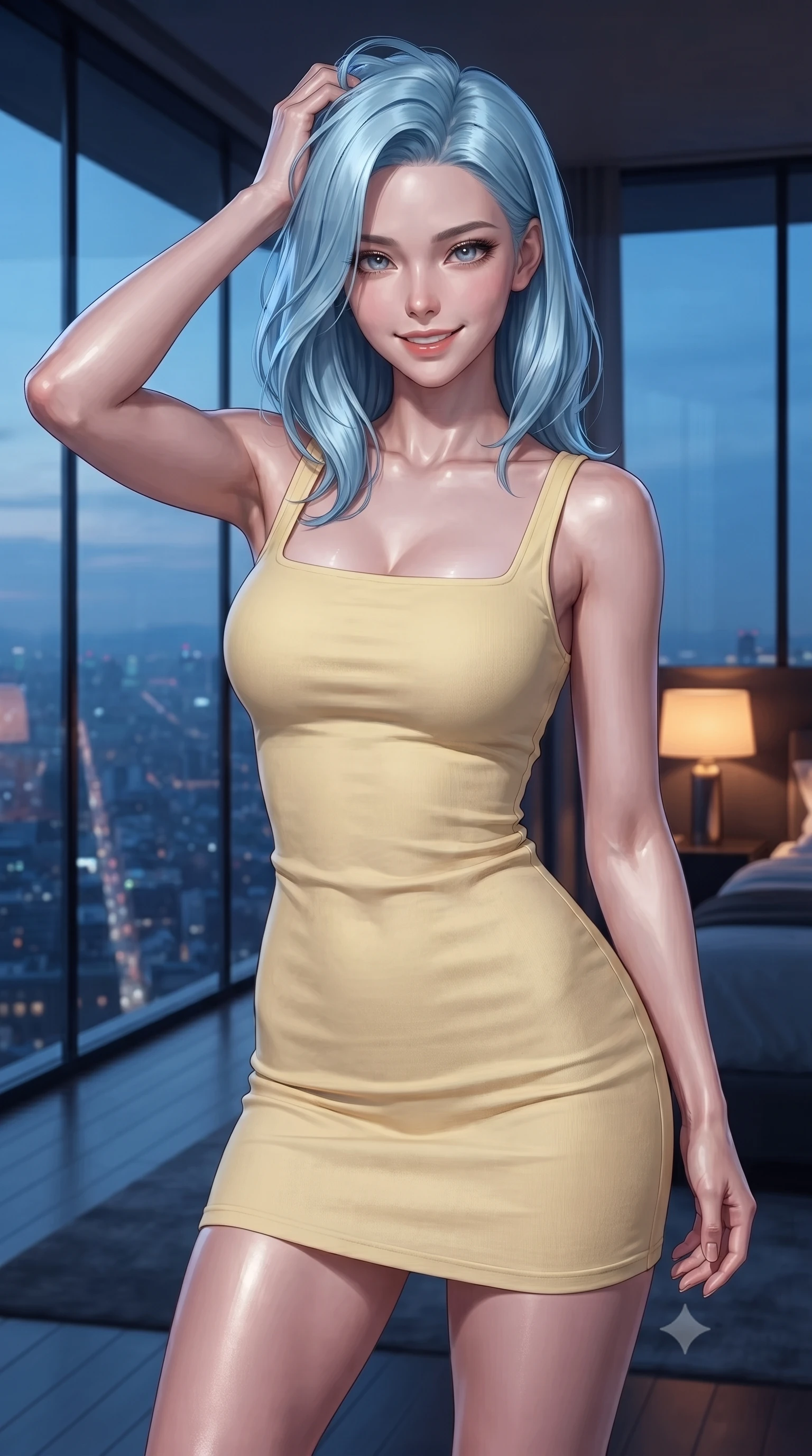 score_9, masterpiece, best quality, ultra-detailed, high-budget anime keyframe, editorial fashion photography, tasteful artistic composition, Korean woman woman. close-up cowboy shot from the waist and thighs up, the character dominates the composition, filling the frame with her large presence, background elements kept in soft focus. smiling with quiet, magnetic self-assurance directly into the camera, running a hand through her hair the background shows a soft-focus a private penthouse bedroom with floor-to-ceiling glass walls overlooking a distant city grid. She has an exceptionally elegant, slender, and willowy female figure with an ultra-slim waist, a gracefully sculpted slender torso, and a refined silhouette. sharp v-shaped jawline, high-bridge nose, intricate jewel-like eyes with depth, thick eyelashes, glossy lips with a natural sheen. wearing a body-hugging casual summer sundress in pale yellow cotton with a simple square neckline. cool blue city twilight key light contrasting with the warm amber glow of a bedside lamp. ultra-reflective glossy finish, specular highlights, metallic sheen, high-contrast stereoscopic depth, volumetric dynamic lighting, 2k, ultra detail, master piece, 9:16 ratio