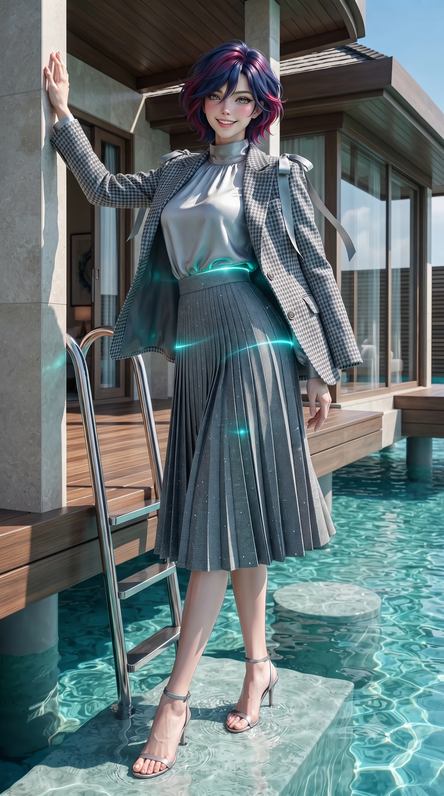 score_9, masterpiece, best quality, ultra-detailed, high-budget anime keyframe, editorial fashion photography, tasteful artistic composition, Korean woman. low angle full-body shot from head to toe showing her feet, filling the entire 9:16 vertical frame with her statuesque presence, stretching her vertical silhouette. standing tall beside the architectural column, one hand resting high while arching her lower back to emphasize her sculpted feminine hips and slender waist while twisting her slender torso in an alluring contrapposto stance beside the private swim-up ladder, glowing turquoise reef lights wrapping around her flat midriff and hips. The surrounding environment is rendered in vivid detail and crisp panoramic clarity: detailed outfit texture, bodycon fit, and luxury overwater villa architecture in high resolution. She has an exceptionally tall and slender model-like 8.5-heads proportion, an ultra-slim waist, a flat toned midriff, narrow delicate ribcage, and beautifully sculpted feminine hips creating a graceful, slim hourglass silhouette without any bulky heaviness, with impossibly long slender legs. sharp v-shaped jawline, high-bridge nose, intricate jewel-like sparkling eyes with depth, thick eyelashes, glossy parted lips with a natural peach sheen, bright cheerful beaming smile with an enchanting and coquettish sensual glint, exuding both youthful cute charm and seductive allure, flawlessly proportioned anatomical accuracy, strict slender model proportions, natural body alignment, perfectly sculpted long slender limbs, ultra-slim waistline, clean dynamic posture without body distortion. wearing a bespoke Normandy houndstooth equestrian blazer draped over a high-neck silk crepe blouse and pleated midi skirt in Mont-Saint-Michel granite slate grey and moonlit tide silver, woven from structured British tweed with subtle metallic flecks, finished with satin ribbon ties at the shoulders fluttering in the gentle breeze, the impeccably tailored cut draping gracefully along her slender figure with aristocratic poise. illuminated by water caustics bounce and sharp platinum-cyan rim lights sculpting her jawline, narrow waist, and curvy hips. ultra-reflective glossy finish, specular highlights, rich textural contrasts, high-contrast stereoscopic depth, volumetric dynamic lighting, 2k, ultra detail, master piece, 9:16 ratio
