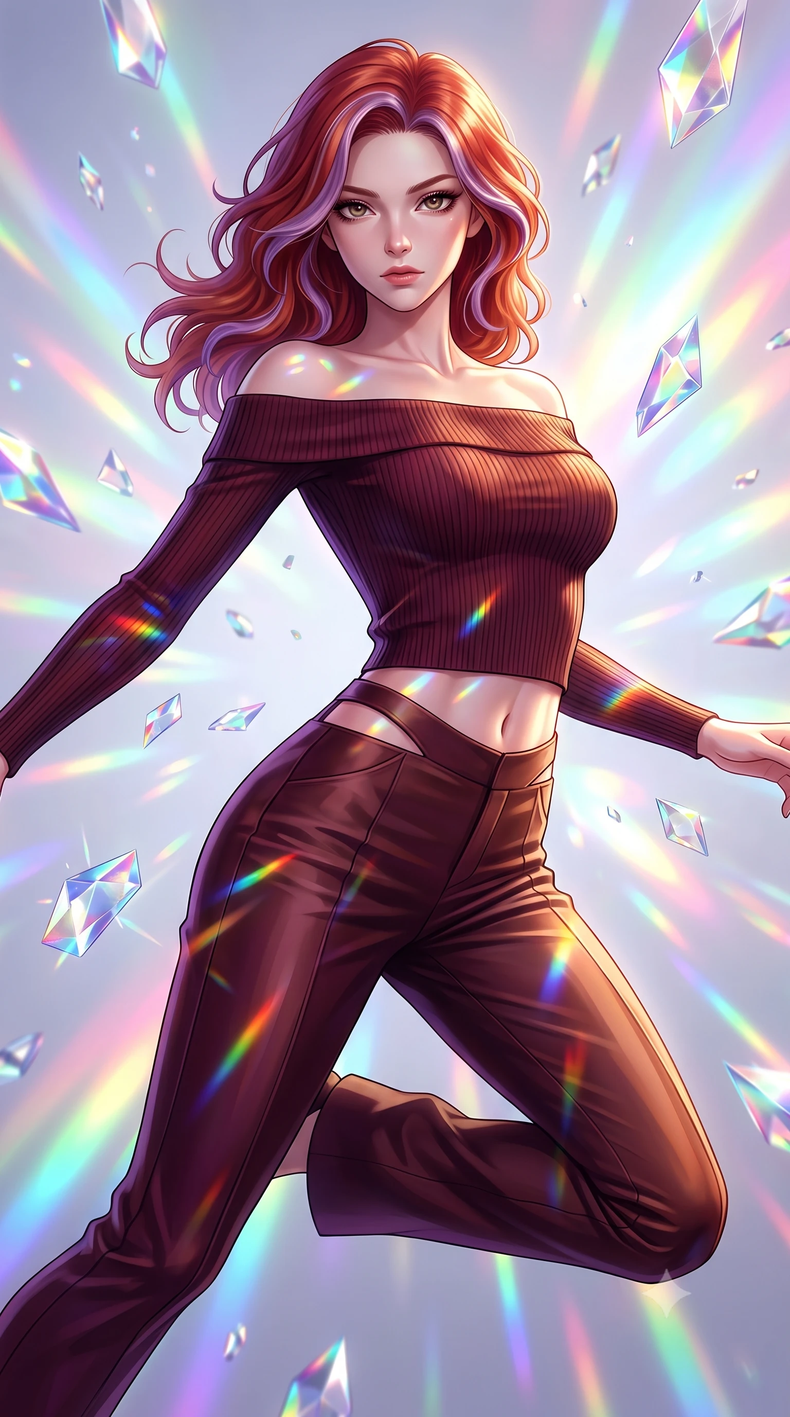 score_9, masterpiece, best quality, ultra-detailed, high-budget anime keyframe, editorial fashion photography, tasteful artistic composition, Caucasian woman. close-up cowboy shot from the waist and thighs up, the character dominates the composition, filling the frame with her large presence, background elements kept in soft focus. Gazing past the lens with composed intensity as her torso curves dynamically in mid-motion while leaping gracefully through mid-air inside a zero-gravity void filled with floating crystal prisms, shattered glass prisms scattering intense rainbow light rays across her athletic build. She has an exceptionally elegant, slender, and willowy female figure with an ultra-slim waist, a gracefully sculpted slender torso, and a refined silhouette. sharp v-shaped jawline, high-bridge nose, intricate jewel-like eyes with depth, thick eyelashes, glossy lips with a natural sheen, flawlessly proportioned anatomical accuracy, natural body alignment, perfectly sculpted elegant limbs, clean dynamic posture without body distortion. wearing a sleek off-shoulder ribbed knit top paired with high-waist tailored pants in deep burgundy and bronze, crafted from smooth liquid silk, featuring subtle geometric cutouts that highlight her ultra-slim midriff, the sleek second-skin texture accentuating her magnetic presence. bathed in brilliant multi-color rainbow light refracting through floating glass prisms. highly saturated vibrant anime colors, detailed shading with soft gradients, rich glossy textures, high-contrast stereoscopic depth, volumetric dynamic lighting, master piece, 9:16 ratio