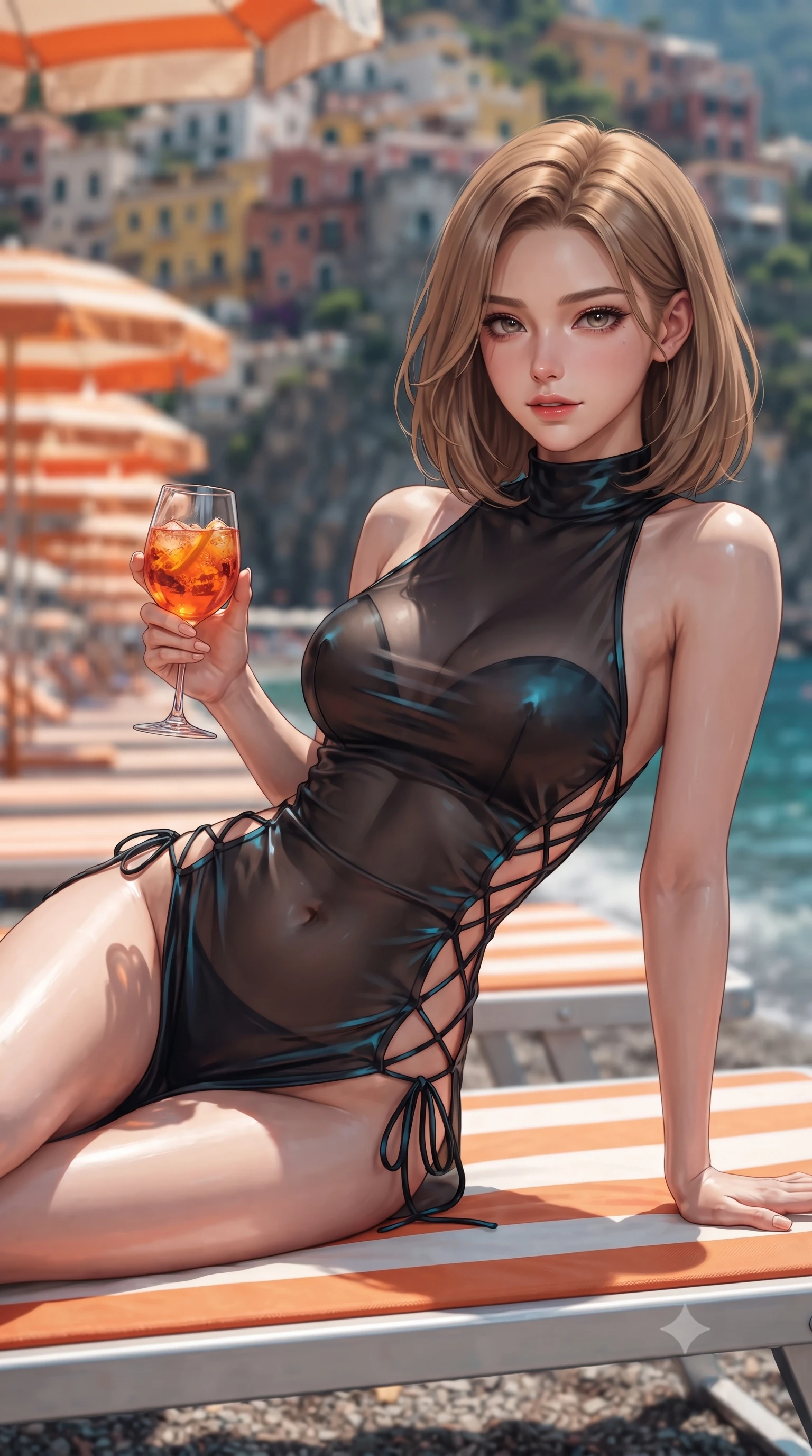 score_9, masterpiece, best quality, ultra-detailed, high-budget anime keyframe, editorial fashion photography, tasteful artistic composition, Korean woman. close-up cowboy shot from the waist and thighs up, the character dominates the composition, filling the frame with her large presence. leaning forward while arching her lower back to accentuate her curvy hips, looking into the camera with an intoxicating smoldering gaze and bedroom-eyes while reclining on an orange-and-white striped sun lounger propped on one elbow, holding an Aperol spritz with sovereign high-society charm. The background shows a soft-focus the dramatic vertical cliff of colorful Positano villas, stacked parasols, and turquoise sea blurred into terracotta, lemon, and azure bokeh. She has an exceptionally elegant, slender, and willowy female figure with an ultra-slim waist, flat toned midriff, narrow ribcage, and sculpted feminine hips creating an alluring, slim hourglass silhouette without bulk. sharp v-shaped jawline, high-bridge nose, sparkling eyes with hypnotic seductive depth, thick curled eyelashes, glossy parted lips with a natural dewy peach sheen, alluring bedroom-eyes with an enchanting coquettish smile, exuding magnetic siren charisma and sophisticated glamour, flawlessly proportioned anatomical accuracy, strict slender model proportions, natural body alignment, perfectly sculpted long slender limbs, ultra-slim waistline, clean dynamic posture without body distortion. wearing a provocative high-neck sheer illusion beach coverup with liquid satin ribbons contouring her curves in wet-look onyx black with electric cyan reflections, crafted from fluid liquid silk satin that clings smoothly to every curve with a dewy sheen, featuring fine criss-cross lace-up side ties revealing tantalizing glimpses of her hip curve, the second-skin tailored fabric adhering flawlessly to her sculpted flat midriff and slender torso, emphasizing her long leg lines and perfectly proportioned willowy build. illuminated by parasol shadow gradients and sharp golden-peach rim lights defining her razor-sharp jawline, narrow waist, and curvy hips. ultra-reflective glossy finish, specular highlights, rich textural contrasts, high-contrast stereoscopic depth, volumetric dynamic lighting, 2k, ultra detail, master piece, 9:16 ratio