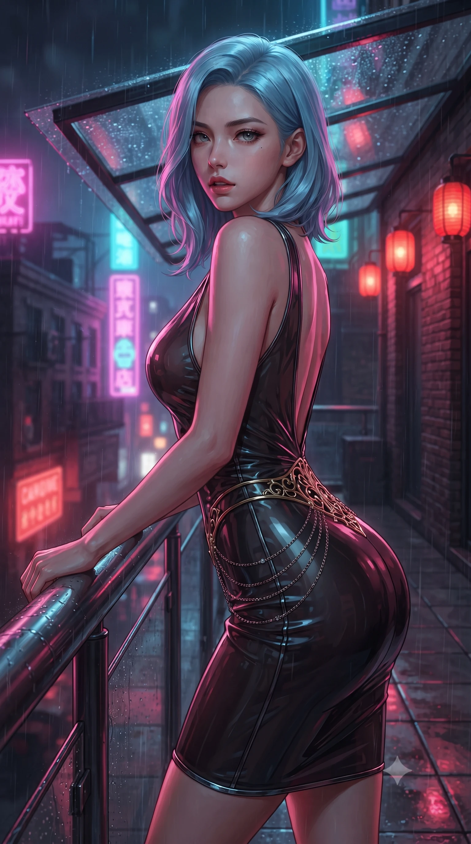 score_9, masterpiece, best quality, ultra-detailed, high-budget anime keyframe, editorial fashion photography, tasteful artistic composition, Korean woman. close-up cowboy shot from the waist and thighs up, the character dominates the composition, filling the frame with her large presence. leaning forward against the polished railing with her hips cocked back, creating an intoxicating curve from her narrow waist to sculpted hips as she gazes back into the lens while crouching low on the wet tiled rooftop terrace with back turned slightly to the lens, glancing back with smoldering bedroom-eyes and parted lips. The composition keeps background elements in soft focus with creamy bokeh. rain-streaked glass awnings and weathered brick penthouse facades softened in moody cinematic focus. She has an exceptionally elegant, slender, and willowy female figure with an ultra-slim waist, a gracefully sculpted slender torso, toned flat midriff, and rounded feminine hips creating an alluring hourglass silhouette. sharp v-shaped jawline, high-bridge nose, intricate jewel-like eyes with depth, thick eyelashes, glossy parted lips with a natural sheen, intensely captivating and seductive bedroom-eyes expression, flawlessly proportioned anatomical accuracy, strict slender model proportions, natural body alignment, perfectly sculpted long slender limbs, ultra-slim waistline, clean dynamic posture without body distortion. wearing a sleek obsidian column dress with gold filigree hip cincher and plunging backline in pitch-black vinyl and specular chrome trim, made of semi-translucent cybernetic vinyl with glowing micro-filaments, complemented by a delicate metallic hip chain catching the neon rain caustics, the second-skin form-contouring cut accentuating her sculpted flat midriff, narrow waistline, and dramatically curvy hips without adding bulk. bathed in vibrant magenta and electric cyan neon light contrasting with warm lantern scarlet downlights. ultra-reflective glossy finish, specular highlights, rich textural contrasts, high-contrast stereoscopic depth, volumetric dynamic lighting, 2k, ultra detail, master piece, 9:16 ratio