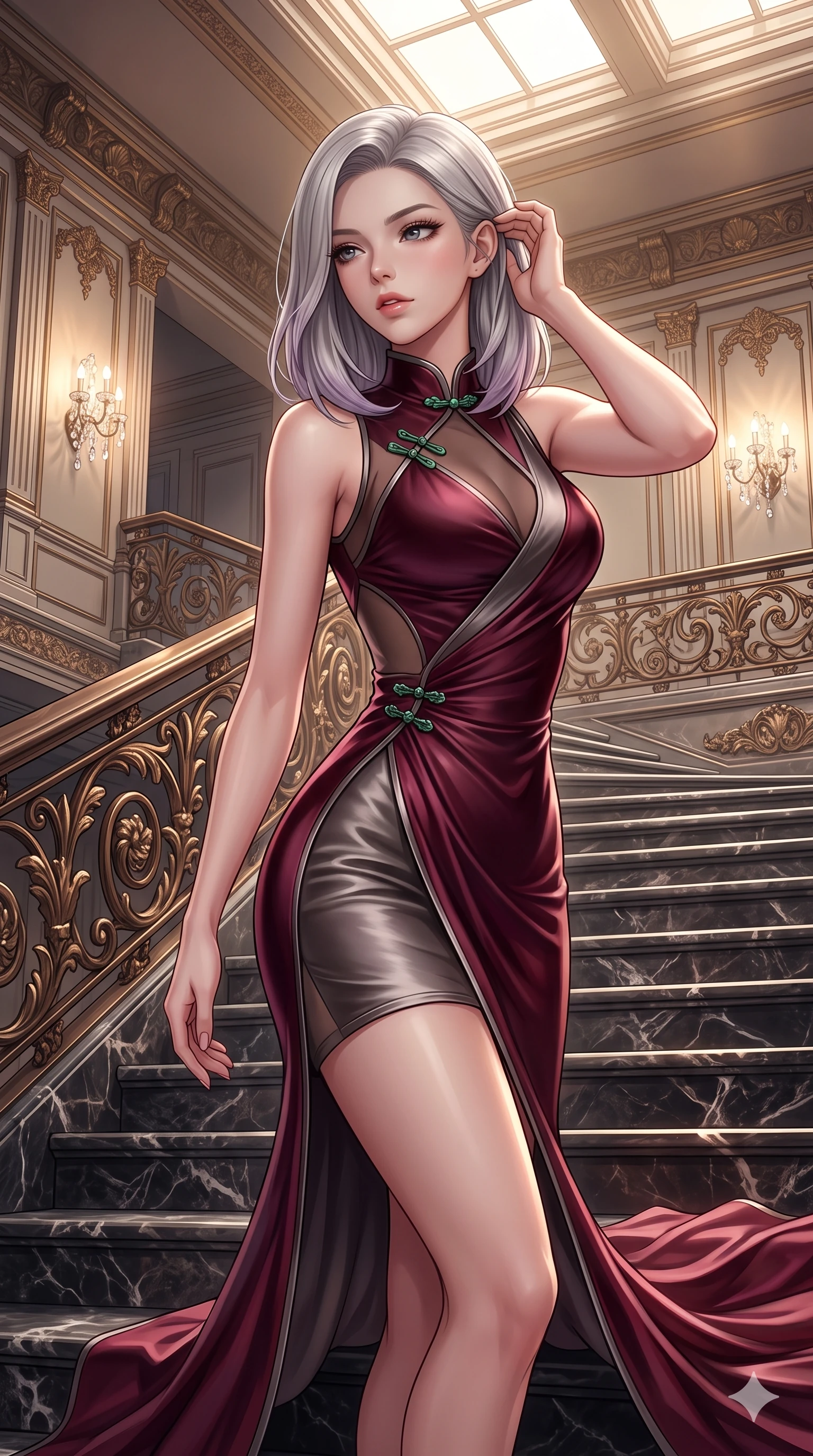 score_9, masterpiece, best quality, ultra-detailed, high-budget anime keyframe, semi-realistic 3D game render, editorial fashion photography, tasteful artistic composition, Caucasian woman. close-up cowboy shot from the waist and thighs up, the character dominates the composition, filling the frame with her large presence. gently brushing a lock of hair behind her ear while casting a playful, flirtatious side-gaze with long eyelashes while standing poised halfway down the sweeping grand staircase, arching her lower back with sovereign authority as her flowing silk train drapes along the steps. The surrounding environment is rendered in vivid detail and crisp panoramic clarity: sharp marble step vein textures, crisp cast-bronze acanthus leaf details, and crystal wall sconce facets in deep focus. She has an exceptionally elegant, slender, and willowy female figure with an ultra-slim waist, flat toned midriff, narrow ribcage, and sculpted feminine hips creating an alluring, slim hourglass silhouette without bulk. sharp v-shaped jawline, high-bridge nose, intricate jewel-like sparkling eyes with depth, thick eyelashes, glossy parted lips with a natural sheen, intensely captivating and seductive bedroom-eyes expression, exuding both youthful cute charm and sovereign luxury allure, flawlessly proportioned anatomical accuracy, strict slender model proportions, natural body alignment, perfectly sculpted long slender limbs, ultra-slim waistline, clean dynamic posture without body distortion. wearing a wet-look silk fusion wrap dress with asymmetrical sheer mesh cutouts and high Mandarin collar in deep wine burgundy and brushed dark platinum, crafted from bespoke double-faced cashmere with an exceptionally soft tactile finish, finished with sleek jade frog closures glinting along her high collar, the form-contouring cut accentuating her sculpted flat midriff, narrow delicate ribcage, and gracefully curvy hips with intoxicating allure. bathed in the warm luminous glow of crystal wall sconces and grand overhead skylights filtering soft diffuse daylight. highly saturated vibrant anime colors, detailed shading with soft gradients, rich glossy textures, high-contrast stereoscopic depth, volumetric dynamic lighting, master piece, 9:16 ratio