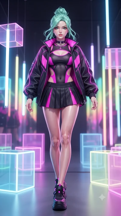 score_9, masterpiece, best quality, ultra-detailed, high-budget anime keyframe, editorial fashion photography, tasteful artistic composition, Japanese woman. low angle full-body shot from head to toe showing her feet, filling the entire 9:16 vertical