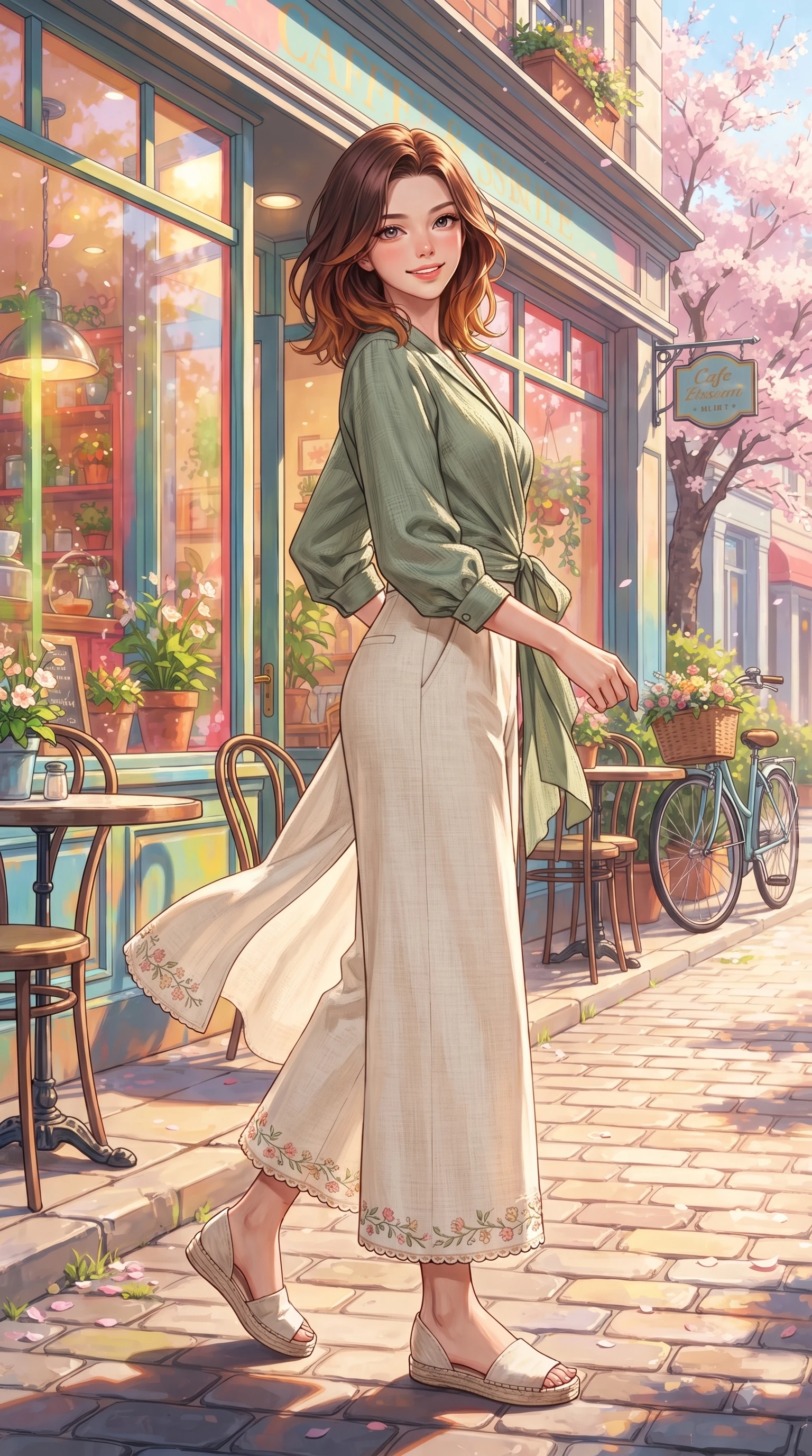 score_9, masterpiece, best quality, ultra-detailed, high-budget anime keyframe, editorial fashion photography, tasteful artistic composition, Korean woman. low angle full-body shot from head to toe showing her feet, filling the entire 9:16 vertical frame with her statuesque presence, stretching her vertical silhouette. performing a cheerful mid-motion turn with flawless poise, her radiant smile capturing fresh girlhood energy while resting near a sun-drenched cafe entrance while looking at the camera with a warm, sweet expression. The surrounding environment is rendered in vivid detail and crisp panoramic clarity. colorful storefront windows reflecting bright spring sunlight with rich environmental clarity. She has an absolutely perfect, statuesque 8.5-heads proportion, an exceptionally tall and slender model-like female figure with impossibly long slender legs and an ultra-slim waist. sharp v-shaped jawline, high-bridge nose, intricate jewel-like eyes with depth, thick eyelashes, glossy lips with a natural sheen, flawlessly proportioned anatomical accuracy, natural body alignment, perfectly sculpted elegant limbs, clean dynamic posture without body distortion. wearing an elegant sage green wrap blouse with wide-leg cream linen trousers in peach blossom pink and warm oatmeal, tailored from soft pastel tweed with subtle metallic thread, complemented by delicate embroidered floral trim along the hem, the breezy lightweight fabric fluttering softly against her delicate frame. surrounded by a fresh, uplifting, and romantic spring street ambiance. ultra-reflective glossy finish, specular highlights, metallic sheen, high-contrast stereoscopic depth, volumetric dynamic lighting, 2k, ultra detail, master piece, 9:16 ratio