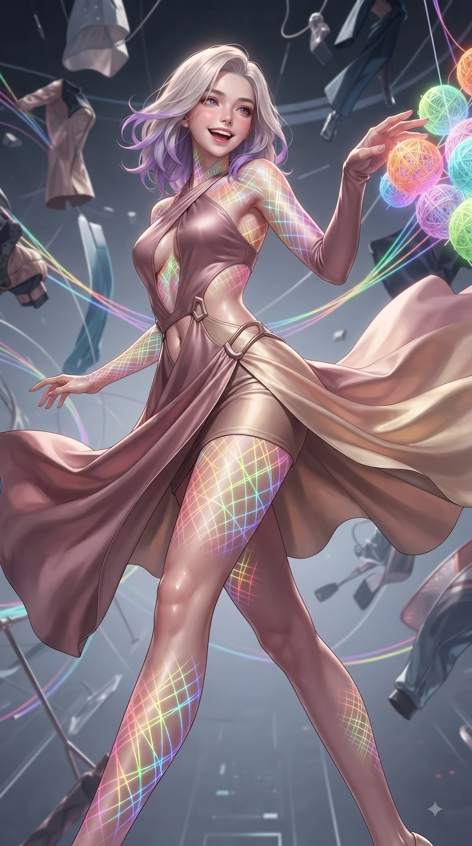 score_9, masterpiece, best quality, ultra-detailed, high-budget anime keyframe, editorial fashion photography, tasteful artistic composition, Caucasian woman. low angle full-body shot from head to toe showing her feet, filling the entire 9:16 vertical frame with her statuesque presence, stretching her vertical silhouette. pivoting dynamically in zero-gravity with a delighted laughing expression, displaying her perfect model proportions while reaching forward with a cheerful arm stretch to touch a cluster of glowing yarn spheres, intricate geometric lattice patterns of bright light projected onto her skin. She has an absolutely perfect, statuesque 8.5-heads proportion, an exceptionally tall and slender model-like female figure with impossibly long slender legs and an ultra-slim waist. sharp v-shaped jawline, high-bridge nose, intricate jewel-like eyes with depth, thick eyelashes, glossy lips with a natural sheen, flawlessly proportioned anatomical accuracy, natural body alignment, perfectly sculpted elegant limbs, clean dynamic posture without body distortion. wearing a dramatic open-waist cutout mini dress framed by sculptural hardware in dusty rose and champagne gold, crafted from smooth liquid silk, featuring subtle geometric cutouts that highlight her ultra-slim midriff, the glove-like fit emphasizing her statuesque silhouette during motion. illuminated by the brilliant glow of rainbow luminescent plasma threads. ultra-reflective glossy finish, specular highlights, metallic sheen, high-contrast stereoscopic depth, volumetric dynamic lighting, 2k, ultra detail, master piece, 9:16 ratio