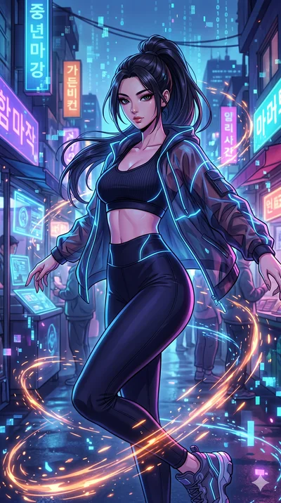 score_9, masterpiece, best quality, ultra-detailed, Set A: High-budget Anime Keyframe, Korean woman. Upper body close-up from the thighs up, character filling the screen for maximum presence. Dancing through a futuristic night market, while a digital