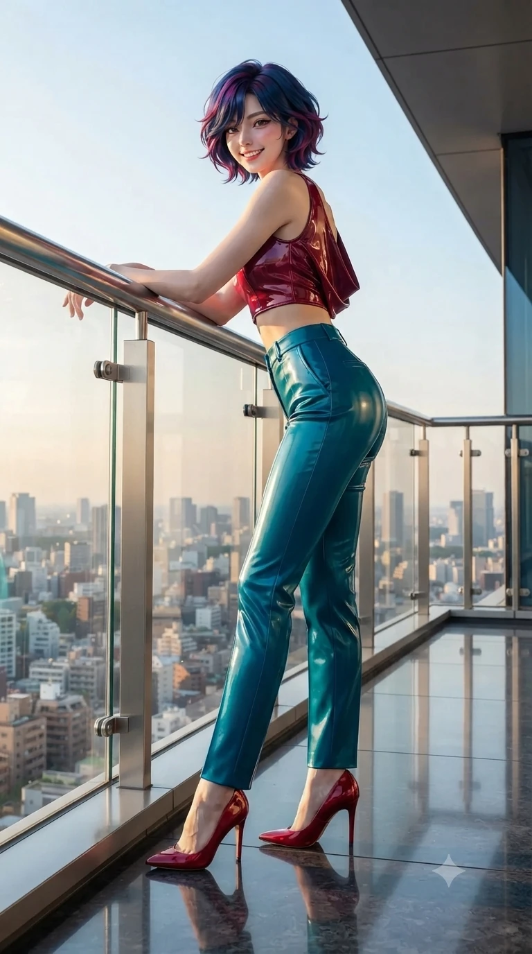 score_9, masterpiece, best quality, ultra-detailed, high-budget anime keyframe, editorial fashion photography, tasteful artistic composition, Korean woman. low angle full-body shot from head to toe showing her feet, filling the entire 9:16 vertical frame with her statuesque presence, stretching her vertical silhouette. leaning deep against the balcony balustrade with hips cocked back in an unapologetically alluring high-fashion stance, casting an intoxicating glance while sitting gracefully on the silk-embroidered imperial stool with legs crossed, flashing an enchanting smile with parted glossy lips. The surrounding environment is rendered in vivid detail and crisp panoramic clarity: sharp gold-leaf screen texture fissures, translucent celadon glaze cracks, and mirror-polished black lacquer floor grain in deep focus. She has an exceptionally tall and slender model-like 8.5-heads proportion, an ultra-slim waist, a flat toned midriff, narrow delicate ribcage, and beautifully sculpted feminine hips creating a graceful, slim hourglass silhouette without any bulky heaviness, with impossibly long slender legs. sharp v-shaped jawline, high-bridge nose, intricate jewel-like sparkling eyes with depth, thick eyelashes, glossy parted lips with a natural peach sheen, bright cheerful beaming smile with an enchanting and coquettish sensual glint, exuding both youthful cute charm and seductive allure, flawlessly proportioned anatomical accuracy, strict slender model proportions, natural body alignment, perfectly sculpted long slender limbs, ultra-slim waistline, clean dynamic posture without body distortion. wearing a sculpted satin underwire crop corset with lace-up side ties paired with a low-rise micro skirt in cyber-shinto vermilion and laser turquoise, tailored from high-gloss patent leather with mirror-like specular highlights, accented with an open-back drape framed by falling strands of delicate chrome chains, the form-contouring silhouette accentuating her sculpted flat midriff, narrow delicate ribcage, and gracefully curvy hips with intoxicating allure. illuminated by black lacquer reflection bounce and sharp champagne-gold rim lights defining her dewy collarbones, ultra-slim waist, and curvy hips. ultra-reflective glossy finish, specular highlights, rich textural contrasts, high-contrast stereoscopic depth, volumetric dynamic lighting, 2k, ultra detail, master piece, 9:16 ratio