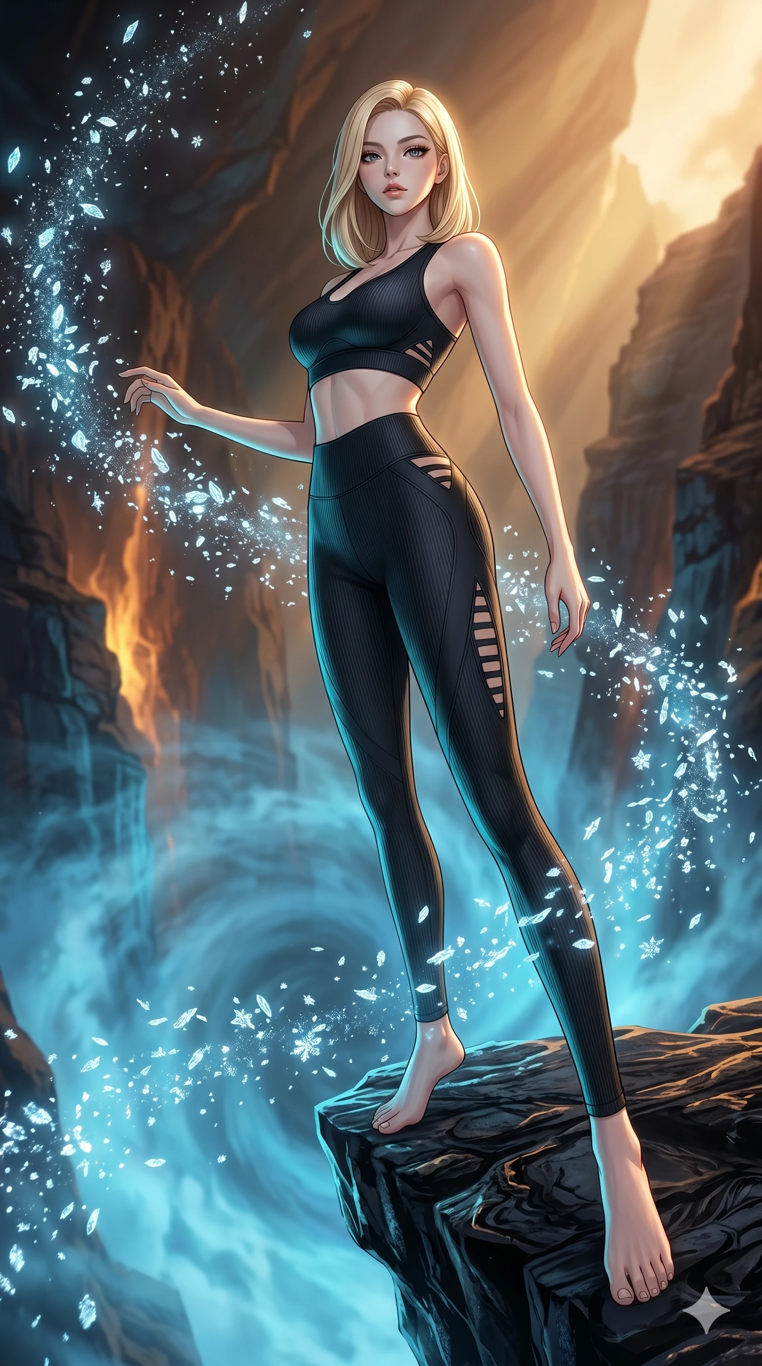 score_9, masterpiece, best quality, ultra-detailed, high-budget anime keyframe, editorial fashion photography, tasteful artistic composition, Korean woman. low angle full-body shot from head to toe showing her feet, filling the entire 9:16 vertical frame with her statuesque presence, stretching her vertical silhouette. swirling in a vortex of on a ledge of obsidian overlooking a canyon filled with glowing blue mist while delicate glowing ice crystals scatter in a glittering vortex. She has an absolutely perfect 8-heads proportion, an exceptionally tall and slender female figure with impossibly long slender legs and an ultra-slim waist. V-shaped jawline, high-bridge nose, intricate jewel-like eyes with depth, thick eyelashes, glossy lips with a natural sheen.. wearing a sleek ribbed-knit athleisure set, featuring sculpted matte black athletic top and high-waist leggings with tonal geometric cutout accents at the sides. showcasing a beautiful play of light and shadow, with warm golden rays clashing against cool cyan highlights. 2k, ultra detail, master piece, 9:16 ratio