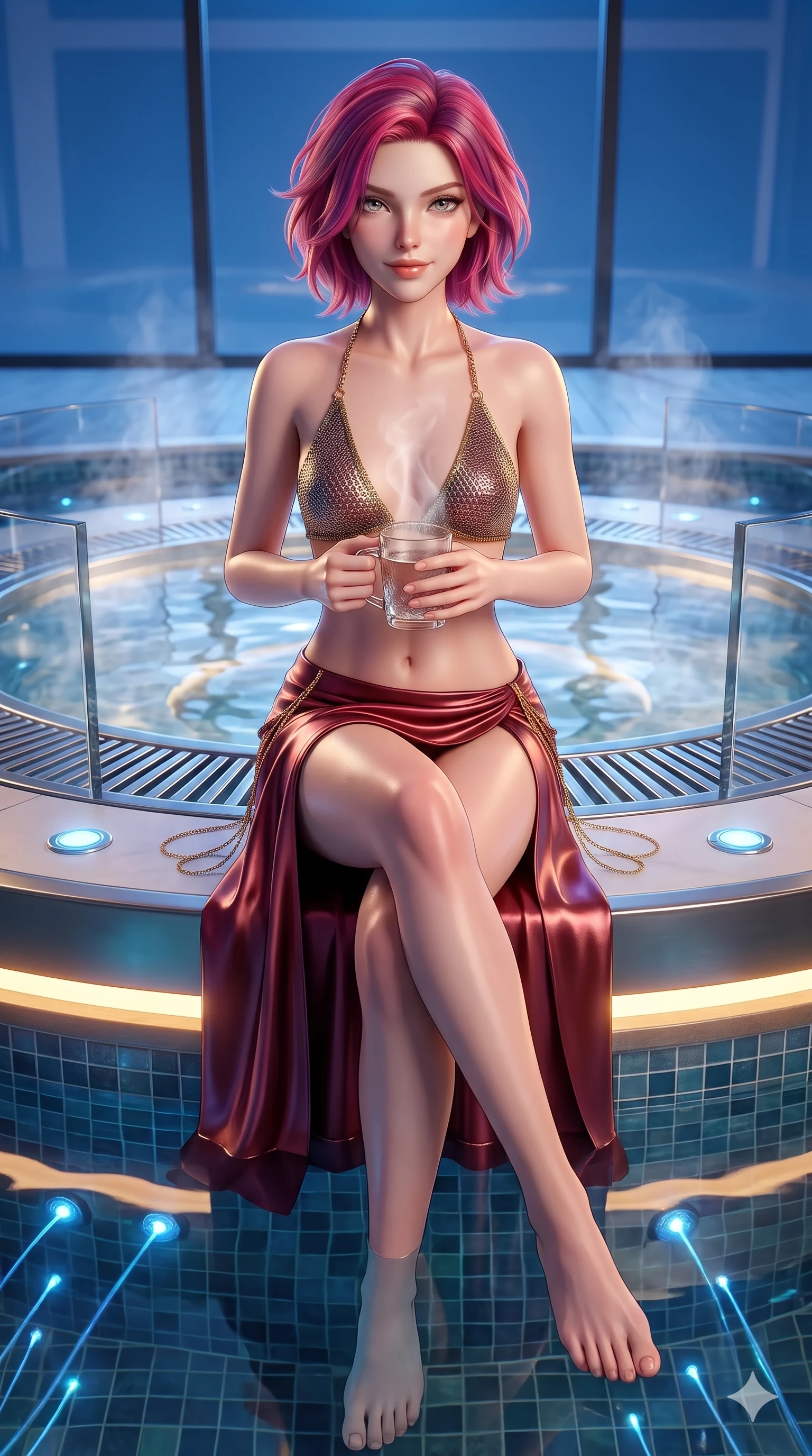 score_9, masterpiece, best quality, ultra-detailed, high-budget anime keyframe, semi-realistic 3D game render, editorial fashion photography, tasteful artistic composition, Caucasian woman. close-up cowboy shot from the waist and thighs up, the character dominates the composition, filling the frame with her large presence. smiling with quiet, magnetic self-assurance directly into the camera, her sculpted waistline catching specular highlights while sitting perched on the edge of the circular heated platform with legs crossed, holding a steaming crystal mug with an irresistible, parted-lip smile. The surrounding environment is rendered in vivid detail and crisp panoramic clarity: sharp transparent acrylic tub corners, polished stainless steel overflow grates, and submerged blue fiber-optic light nodes in crisp focus. She has an exceptionally elegant, slender, and willowy female figure with an ultra-slim waist, flat toned midriff, narrow ribcage, and sculpted feminine hips creating an alluring, slim hourglass silhouette without bulk. sharp v-shaped jawline, high-bridge nose, sparkling eyes with hypnotic seductive depth, thick curled eyelashes, glossy parted lips with a natural dewy peach sheen, alluring bedroom-eyes with an enchanting coquettish smile, exuding magnetic siren charisma and sophisticated glamour, flawlessly proportioned anatomical accuracy, strict slender model proportions, natural body alignment, perfectly sculpted long slender limbs, ultra-slim waistline, clean dynamic posture without body distortion. wearing a daring micro-triangle chainmail halter top paired with an ultra-low-slung side-slit metallic micro wrap skirt in smoldering crimson wine and deep rose-gold, woven from ultra-luxurious 40mm heavy mulberry silk charmeuse that falls in rich liquid folds, accented with an open-back drape framed by falling strands of delicate gold chains, the bespoke structured tailoring following the natural line of her 8.5-heads silhouette with refined elegance. bathed in warm 3000K underwater thermal pool illumination contrasting with crisp blue polar moonlight. highly saturated vibrant anime colors, detailed shading with soft gradients, rich glossy textures, high-contrast stereoscopic depth, volumetric dynamic lighting, master piece, 9:16 ratio