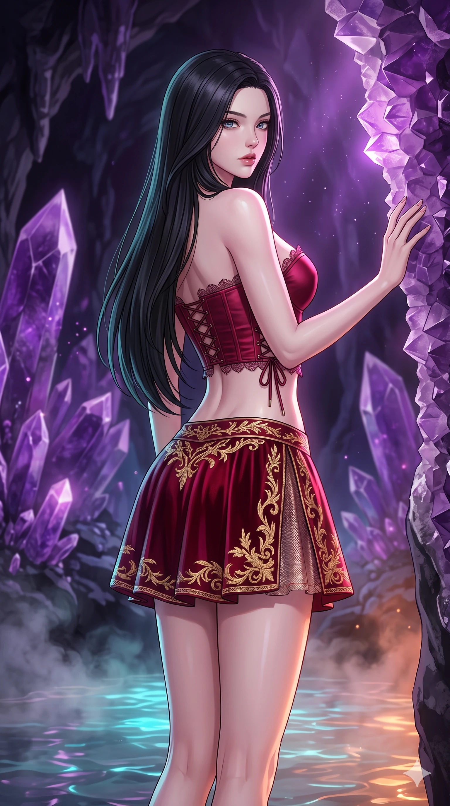 score_9, masterpiece, best quality, ultra-detailed, high-budget anime keyframe, semi-realistic 3D game render, editorial fashion photography, tasteful artistic composition, Korean woman. close-up cowboy shot from the waist and thighs up, the character dominates the composition, filling the frame with her large presence. posing in an alluring rear three-quarter angle, looking over a bare shoulder with parted glossy lips, her hips cocked back to highlight her slim hourglass curve while leaning against the giant amethyst geode rim with hips cocked back, watching phosphorescent mineral ripples swirl with smoldering bedroom-eyes. The surrounding environment is rendered in vivid detail and crisp panoramic clarity: detailed anime keyframe lines, rich glossy textures, and magical subterranean geology in razor-sharp precision. She has an exceptionally elegant, slender, and willowy female figure with an ultra-slim waist, flat toned midriff, narrow ribcage, and sculpted feminine hips creating an alluring, slim hourglass silhouette without bulk. sharp v-shaped jawline, high-bridge nose, intricate jewel-like sparkling eyes with depth, thick eyelashes, glossy parted lips with a natural peach sheen, bright cheerful beaming smile with an enchanting and coquettish sensual glint, exuding both youthful cute charm and seductive allure, flawlessly proportioned anatomical accuracy, strict slender model proportions, natural body alignment, perfectly sculpted long slender limbs, ultra-slim waistline, clean dynamic posture without body distortion. wearing a sculpted satin underwire crop corset with lace-up side ties paired with a low-rise micro skirt in royal opera crimson velvet and burnished gold, crafted from stretch micro-mesh with liquid foil coating that shimmers with every movement, finished with scalloped eyelash lace trim framing her sweetheart neckline with intimate elegance, the form-contouring silhouette accentuating her sculpted flat midriff, narrow delicate ribcage, and gracefully curvy hips with intoxicating allure. bathed in the natural phosphorescent glow of ultraviolet and cyan crystals combined with warm mineral pool LEDs. highly saturated vibrant anime colors, detailed shading with soft gradients, rich glossy textures, high-contrast stereoscopic depth, volumetric dynamic lighting, master piece, 9:16 ratio