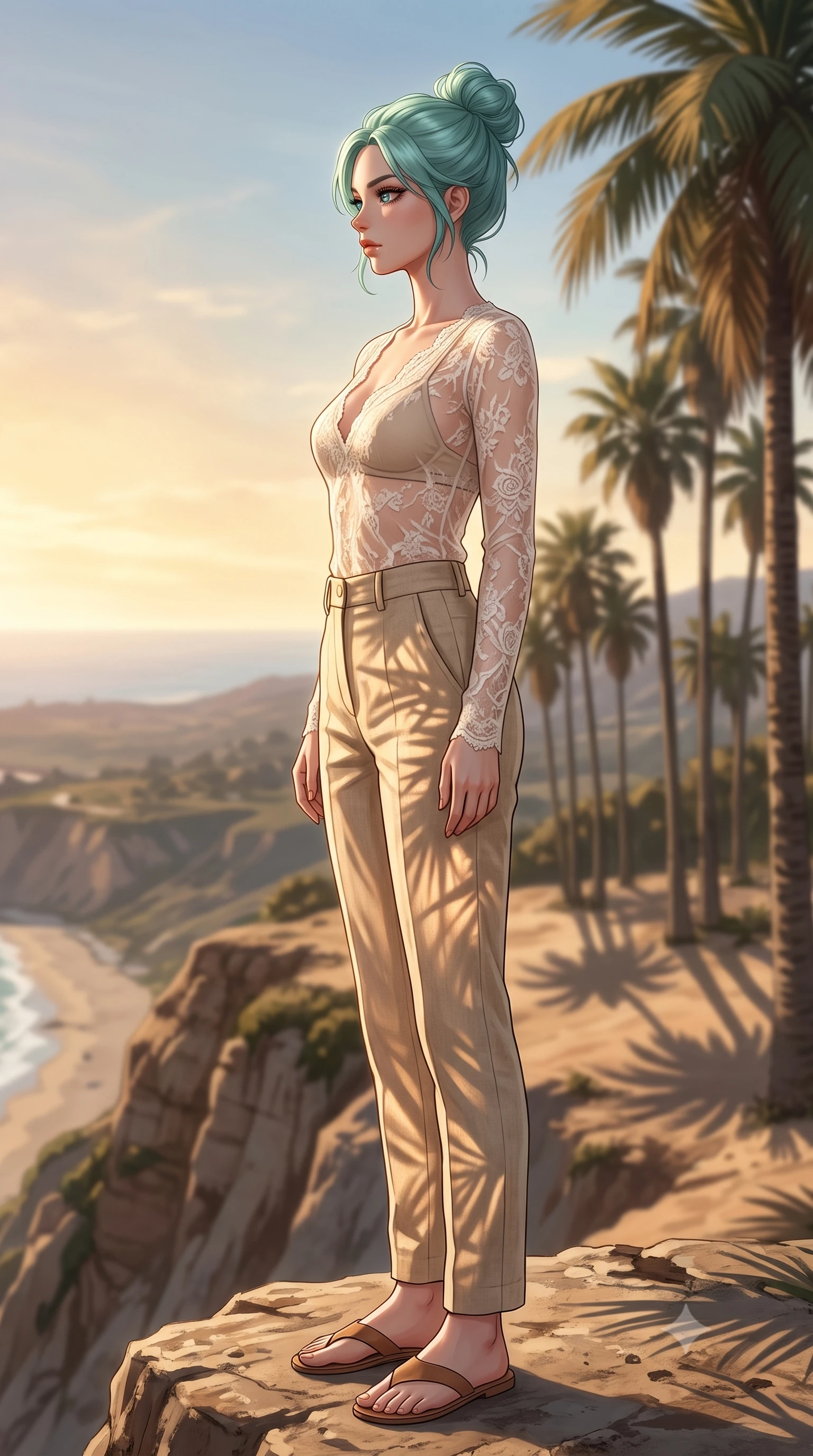 score_9, masterpiece, best quality, ultra-detailed, high-budget anime keyframe, editorial fashion photography, tasteful artistic composition, Japanese woman woman. low angle full-body shot from head to toe showing her feet, filling the entire 9:16 vertical frame with her statuesque presence, stretching her vertical silhouette. standing proud on a scenic cliff overlooking the valley, her silhouette framed by the golden sky the background shows a soft-focus a grove of tall palm trees near the beach, their shadows drawing patterns on the sand. She has an absolutely perfect, statuesque 8.5-heads proportion, an exceptionally tall and slender model-like female figure with impossibly long slender legs and an ultra-slim waist. sharp v-shaped jawline, high-bridge nose, intricate jewel-like eyes with depth, thick eyelashes, glossy lips with a natural sheen. wearing a body-hugging sheer lace blouse in ivory white, worn over a simple beige bralette and high-waisted linen trousers. warm late afternoon sunrays casting long palm leaf shadows. 2k, ultra detail, master piece, 9:16 ratio