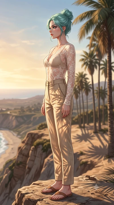 score_9, masterpiece, best quality, ultra-detailed, high-budget anime keyframe, editorial fashion photography, tasteful artistic composition, Japanese woman woman. low angle full-body shot from head to toe showing her feet, filling the entire 9:16 ve