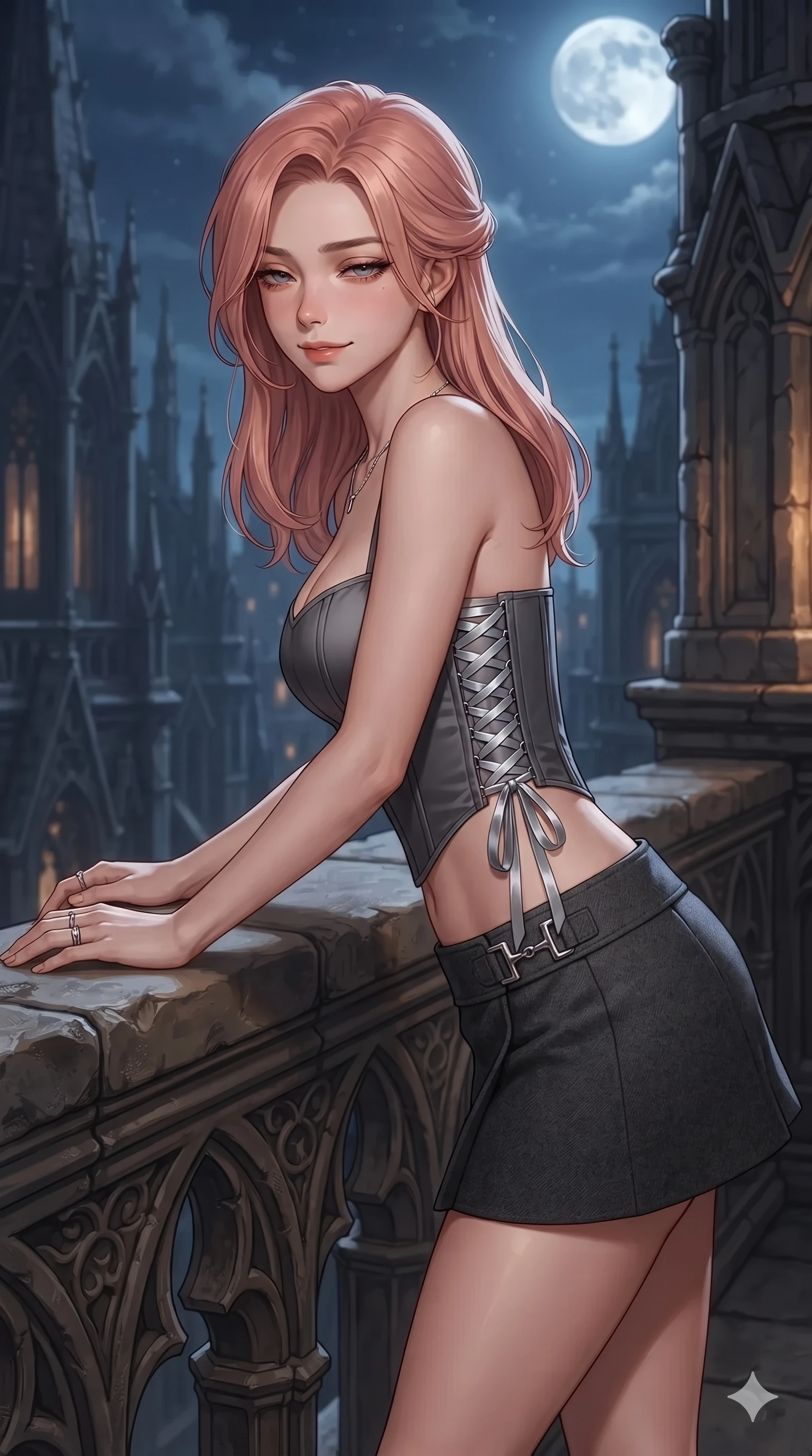 score_9, masterpiece, best quality, ultra-detailed, high-budget anime keyframe, editorial fashion photography, tasteful artistic composition, Japanese woman. close-up cowboy shot from the waist and thighs up, the character dominates the composition, filling the frame with her large presence. leaning forward over the carved stone gothic balustrade, looking back with sleepy seductive bedroom-eyes as water reflections dance across her silhouette while sitting poised on the warm volcanic stone ledge with legs extended, flashing an enchanting smile with parted glossy lips. The surrounding environment is rendered in vivid detail and crisp panoramic clarity: sharp porous basalt textures, micro-water beads on skin and rock, and crisp stone fracture lines in deep focus. She has an exceptionally elegant, slender, and willowy female figure with an ultra-slim waist, flat toned midriff, narrow ribcage, and sculpted feminine hips creating an alluring, slim hourglass silhouette without bulk. sharp v-shaped jawline, high-bridge nose, intricate jewel-like sparkling eyes with depth, thick eyelashes, glossy parted lips with a natural sheen, intensely captivating and seductive bedroom-eyes expression, exuding both youthful cute charm and sovereign luxury allure, flawlessly proportioned anatomical accuracy, strict slender model proportions, natural body alignment, perfectly sculpted long slender limbs, ultra-slim waistline, clean dynamic posture without body distortion. wearing a sculpted matte satin underwire crop corset with lace-up side ties paired with a low-rise micro skirt in charcoal grey and polished chrome, tailored from smooth liquid silk satin that clings smoothly to her narrow waist and rounded hips with a dewy sheen, accented with an open-back drape framed by falling strands of delicate chrome chains, the liquid-tight tailored fabric clinging flawlessly to her narrow waist and rounded feminine hips, emphasizing every millimeter of her sculpted slim hourglass curves without any bulky heaviness. bathed in the warm, moody ambient light of concealed rock-recessed spotlights combined with the soft silver glow of the moon. ultra-reflective glossy finish, specular highlights, rich textural contrasts, high-contrast stereoscopic depth, volumetric dynamic lighting, 2k, ultra detail, master piece, 9:16 ratio