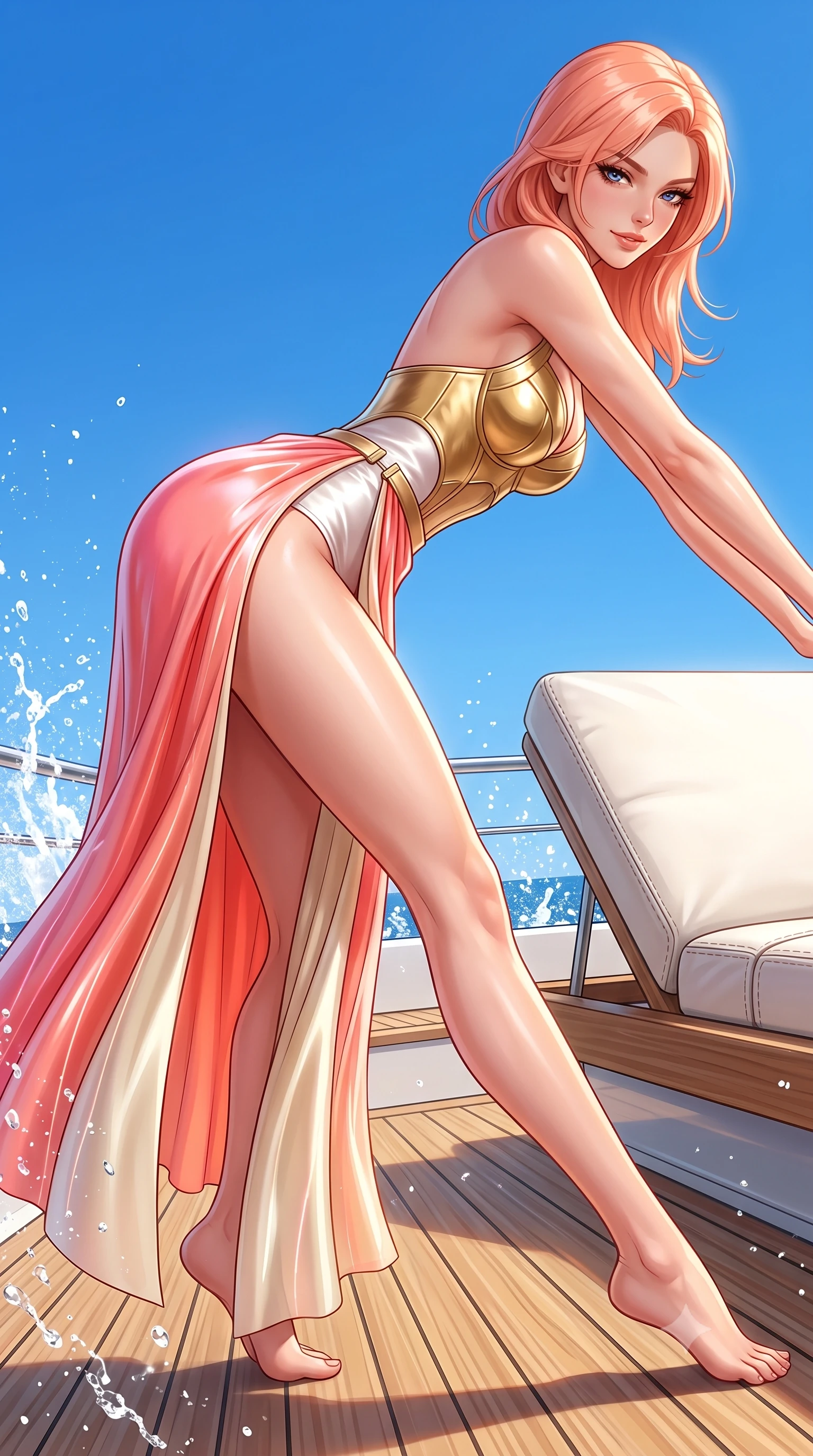score_9, masterpiece, best quality, ultra-detailed, high-budget anime keyframe, semi-realistic 3D game render, editorial fashion photography, tasteful artistic composition, Japanese woman. close-up cowboy shot from the waist and thighs up, the character dominates the composition, filling the frame with her large presence. stretching forward with an alluring arch of her spine, glancing over her shoulder with thick eyelashes and a smoldering half-smile while stretching her impossibly long slender legs along the sunlit teak deck with effortless supermodel poise. The surrounding environment is rendered in vivid detail and crisp panoramic clarity. sharp splashing sea spray droplets, white leather sunbed seams, and cloudless sky in high clarity. She has an exceptionally elegant, slender, and willowy female figure with an ultra-slim waist, a gracefully sculpted slender torso, toned flat midriff, and a refined slim silhouette. sharp v-shaped jawline, high-bridge nose, intricate jewel-like eyes with depth, thick eyelashes, glossy lips with a natural sheen, flawlessly proportioned anatomical accuracy, strict slender model proportions, natural body alignment, perfectly sculpted long slender limbs, ultra-slim waistline, clean dynamic posture without body distortion. wearing a sculpted golden breastplate bodice paired with high-cut white satin briefs and a fluid draped side skirt in radiant coral pink and champagne ivory, tailored from semi-translucent cybernetic vinyl with glowing micro-filaments, finished with an ultra-high side slit secured by miniature magnetic clasps, the liquid-tight tailored fabric emphasizing every curve of her tall, slender model proportions and sculptured silhouette during dynamic movement. surrounded by an exclusive, sun-drenched, and unapologetically glamorous superyacht luxury aura. highly saturated vibrant anime colors, detailed shading with soft gradients, rich glossy textures, high-contrast stereoscopic depth, volumetric dynamic lighting, master piece, 9:16 ratio