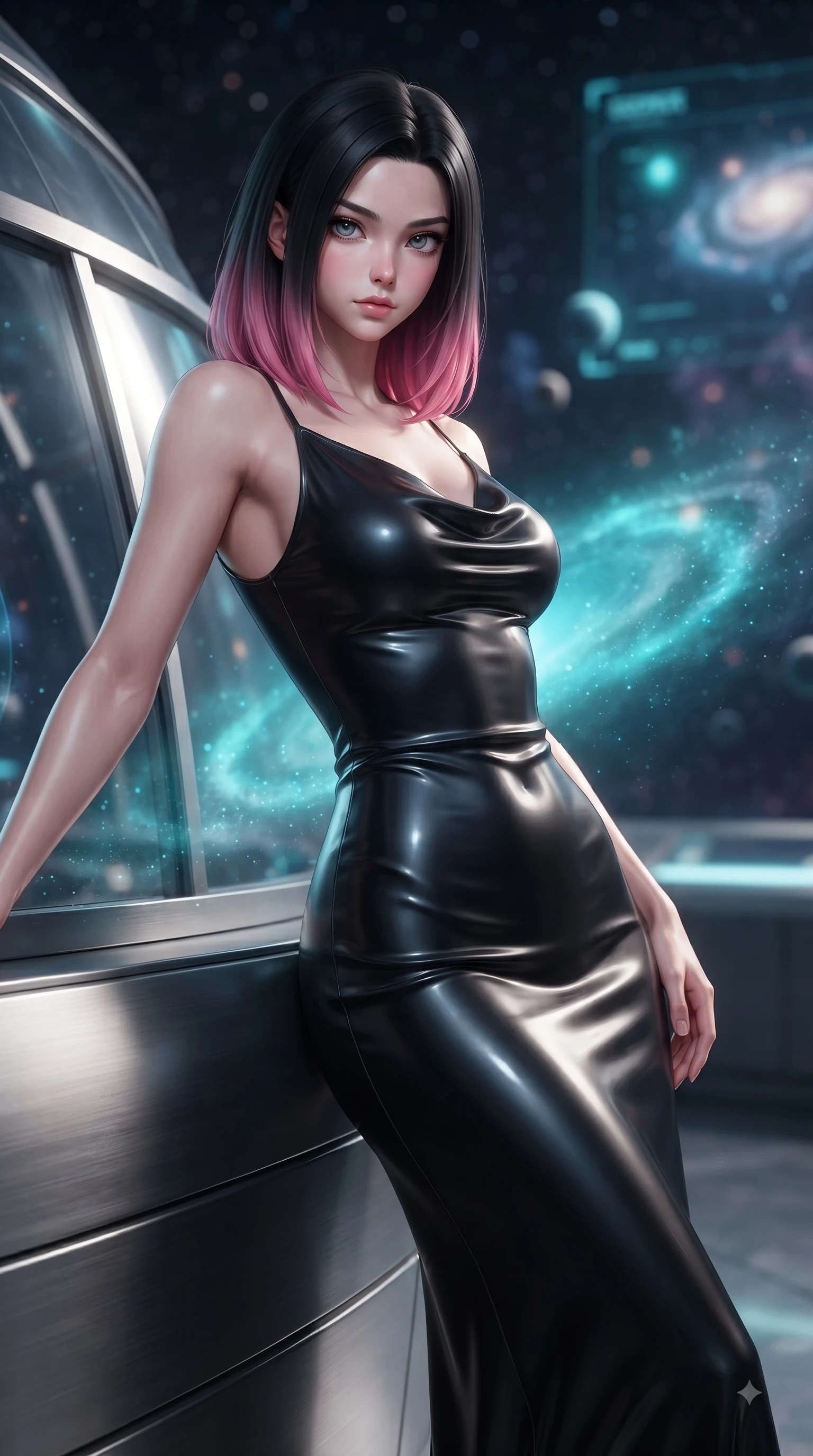 score_9, masterpiece, best quality, ultra-detailed, high-budget anime keyframe, editorial fashion photography, tasteful artistic composition, Korean woman woman. close-up cowboy shot from the waist and thighs up, the character dominates the composition, filling the frame with her large presence, background elements kept in soft focus. She has an exceptionally elegant, slender, and willowy female figure with an ultra-slim waist, a gracefully sculpted slender torso, and a refined silhouette. leaning back effortlessly against the surrounding architecture with an air of magnetic superiority, flawlessly proportioned anatomical accuracy, natural body alignment, perfectly sculpted elegant limbs, clean dynamic posture without body distortion. set against a soft-focus background of a panoramic star observatory deck with floating galaxy maps. wearing a sleek obsidian liquid silk midi dress with a tight tailored waistline. bathed in starlight and cosmic turquoise nebula glow wrapping her athletic build. ultra-reflective glossy finish, specular highlights, metallic sheen, high-contrast stereoscopic depth, volumetric dynamic lighting, 2k, ultra detail, master piece, 9:16 ratio