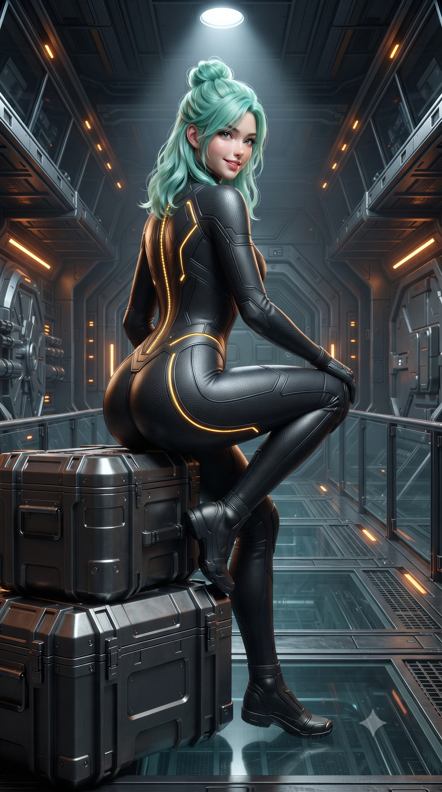 score_9, masterpiece, best quality, ultra-detailed, high-budget anime keyframe, editorial fashion photography, tasteful artistic composition, Japanese woman. low angle full-body shot from head to toe showing her feet, filling the entire 9:16 vertical frame with her statuesque presence, stretching her vertical silhouette. walking slowly along the transparent glass skybridge, looking back over her shoulder with an air of effortless grace and an alluring, smoldering smile while sitting perched on an armored ammunition crate with one knee drawn up, her sleek tactical combat suit radiating powerful sensual charisma. The surrounding environment is rendered in vivid detail and crisp panoramic clarity: sharp brushed steel gunmetal textures, plasma energy cell glowing vents, and heavy armored vault door bolts in deep focus. She has an absolutely perfect, statuesque 8.5-heads proportion, an exceptionally tall and slender model-like female figure with impossibly long slender legs, an ultra-slim waist, a flat toned midriff, narrow delicate ribcage, and beautifully sculpted feminine hips creating a graceful, slim hourglass silhouette without any bulky heaviness. sharp v-shaped jawline, high-bridge nose, intricate jewel-like sparkling eyes with depth, thick eyelashes, glossy parted lips with a natural sheen, bright confident smile with an enchanting and coquettish sensual glint, exuding both youthful magnetic charm and sovereign high-tech allure, flawlessly proportioned anatomical accuracy, strict slender model proportions, natural body alignment, perfectly sculpted long slender limbs, ultra-slim waistline, clean dynamic posture without body distortion. wearing an aerodynamic second-skin combat bodysuit with hexagonal carbon weave and glowing circuit seam piping in industrial hazard yellow and matte carbon black, made of supple second-skin compression stretch jersey clinging flawlessly to her form, accented with glowing neon fiber-optic piping tracing her spine and hip lines, the high-waisted tailoring accentuating her ultra-slim waistline and the enchanting curve of her feminine hips with alluring dark charm. illuminated by focused overhead spotlighting and sharp amber rim lights defining her slim torso, narrow waist, and curvy hips. ultra-reflective glossy finish, specular highlights, rich textural contrasts, high-contrast stereoscopic depth, volumetric dynamic lighting, 2k, ultra detail, master piece, 9:16 ratio