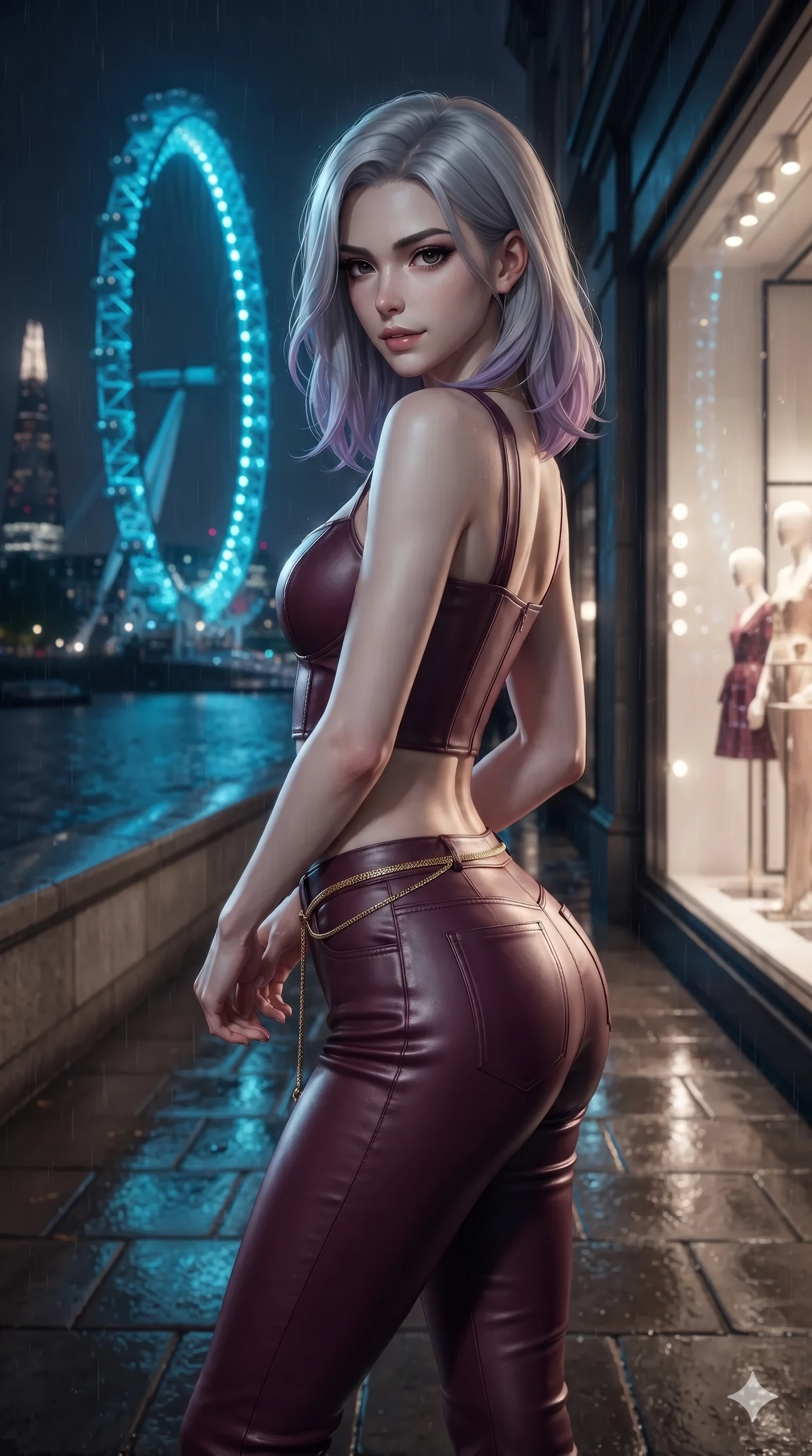 score_9, masterpiece, best quality, ultra-detailed, high-budget anime keyframe, editorial fashion photography, tasteful artistic composition, Caucasian woman. close-up cowboy shot from the waist and thighs up, the character dominates the composition, filling the frame with her large presence. pausing beside an illuminated luxury boutique window with hips cocked back, glancing back with an enchanting, dangerous smile through falling rain while standing tall on the water's edge, arching her spine with ethereal siren poise as the massive glowing blue wheel mirrors in the dark river. The background shows a soft-focus modern London riverbank softened in urban nocturnal shallow focus. She has an exceptionally elegant, slender, and willowy female figure with an ultra-slim waist, flat toned midriff, narrow ribcage, and sculpted feminine hips creating an alluring, slim hourglass silhouette without bulk. sharp v-shaped jawline, high-bridge nose, intricate jewel-like dark sparkling eyes with dangerous depth, thick curled eyelashes, glossy parted lips with a rich wine sheen, smoldering seductive half-smile with bedroom-eyes, exuding effortless superiority and intoxicating dark allure, flawlessly proportioned anatomical accuracy, strict slender model proportions, natural body alignment, perfectly sculpted long slender limbs, ultra-slim waistline, clean dynamic posture without body distortion. wearing a cropped structured bodice top paired with ultra-fitted high-waisted leather trousers tracing her hips in dark mulberry wine and antique champagne, made of supple butter-soft lambskin leather with a subtle satin sheen, finished with a delicate gold snake chain belt resting loosely across her curvy hips, the impeccably tailored cut draping gracefully along her slender figure with aristocratic noir poise. illuminated by wet pavement bounce and sharp sapphire-cyan rim lights defining her razor-sharp jawline, narrow waist, and curvy hips. ultra-reflective glossy finish, specular highlights, rich textural contrasts, high-contrast stereoscopic depth, volumetric dynamic lighting, 2k, ultra detail, master piece, 9:16 ratio