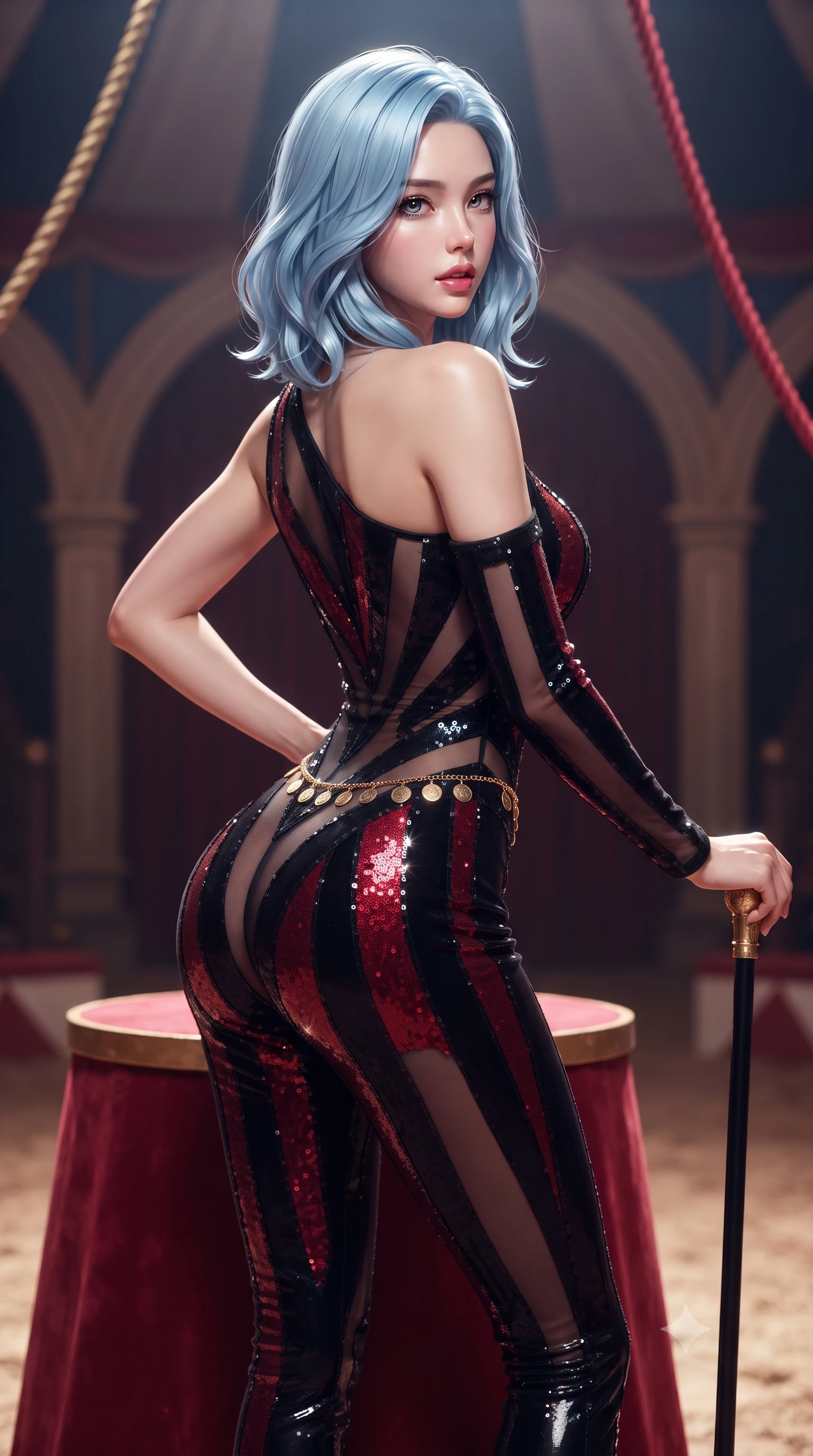 score_9, masterpiece, best quality, ultra-detailed, high-budget anime keyframe, editorial fashion photography, tasteful artistic composition, Korean woman. close-up cowboy shot from the waist and thighs up, the character dominates the composition, filling the frame with her large presence. posing in an alluring rear three-quarter angle, arching her lower back in a pronounced S-curve with one hand on her hip, glancing seductively over her bare shoulder with parted glossy lips while leaning against a crimson circus ringmaster podium with hips cocked back, holding a gold-tipped cane while locking smoldering eyes with the lens. The composition keeps background elements in soft focus with creamy bokeh. looming circus tent canvas arches and velvet rigging ropes softened in theatrical shallow focus. She has an exceptionally elegant, slender, and willowy female figure with an ultra-slim waist, a gracefully sculpted slender torso, toned flat midriff, and rounded feminine hips creating an alluring hourglass silhouette. sharp v-shaped jawline, high-bridge nose, intricate jewel-like eyes with depth, thick eyelashes, glossy parted lips with a natural sheen, intensely captivating and seductive bedroom-eyes expression, flawlessly proportioned anatomical accuracy, strict slender model proportions, natural body alignment, perfectly sculpted long slender limbs, ultra-slim waistline, clean dynamic posture without body distortion. wearing an asymmetric one-shoulder carnival catsuit with sheer contouring mesh panels and sequin striping in midnight obsidian black and blood crimson velvet, made of flexible compression spandex sculpting her athletic hourglass lines, accented with a delicate gold coin waist chain framing her feminine hip curve, the glove-like aerodynamic silhouette tightly following the natural contour of her hips and long slender legs with statuesque precision. surrounded by an eccentric, spellbinding, and dangerously seductive circus queen aura. ultra-reflective glossy finish, specular highlights, rich textural contrasts, high-contrast stereoscopic depth, volumetric dynamic lighting, 2k, ultra detail, master piece, 9:16 ratio