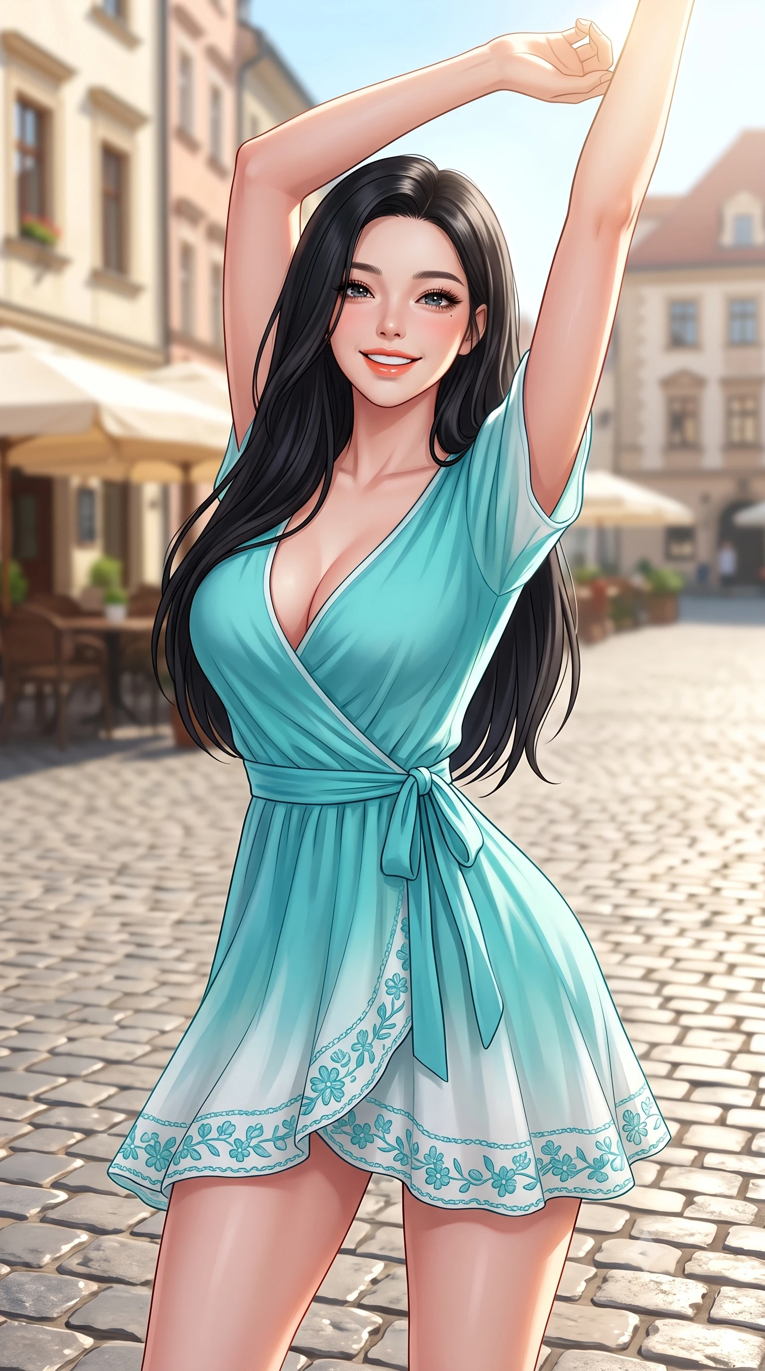 score_9, masterpiece, best quality, ultra-detailed, high-budget anime keyframe, semi-realistic 3D game render, editorial fashion photography, tasteful artistic composition, Korean woman. close-up cowboy shot from the waist and thighs up, the character dominates the composition, filling the frame with her large presence. playfully stretching one arm overhead toward the sun, her radiant smile capturing fresh girlhood charm while her arched torso reveals an intoxicating hip contour while twisting her slender torso in an alluring S-curve in the crystal-clear summer daylight as antique cobblestones shine beneath her feet. The composition keeps background elements in soft focus with dreamy creamy bokeh. outdoor cafe umbrellas and historic cobblestone square softened in cheerful Scandinavian shallow focus. She has an exceptionally elegant, slender, and willowy female figure with an ultra-slim waist, flat toned midriff, narrow ribcage, and sculpted feminine hips creating an alluring, slim hourglass silhouette without bulk. sharp v-shaped jawline, high-bridge nose, intricate jewel-like sparkling eyes with depth, thick eyelashes, glossy parted lips with a natural peach sheen, bright cheerful beaming smile with an enchanting and coquettish sensual glint, exuding both youthful cute charm and seductive allure, flawlessly proportioned anatomical accuracy, strict slender model proportions, natural body alignment, perfectly sculpted long slender limbs, ultra-slim waistline, clean dynamic posture without body distortion. wearing a breezy wrap mini dress with a deep V-neckline and tie-waist accentuating her sculpted flat midriff and hips in ocean turquoise and sea-salt white, tailored from fine lightweight chiffon that flutters gently in the breeze, complemented by delicate embroidered floral trim along the hem, the liquid-tight tailored fabric clinging flawlessly to her narrow waist and rounded feminine hips, emphasizing every millimeter of her sculpted slim hourglass curves without any bulky heaviness. illuminated by vibrant painted facade bounce light contouring her razor-sharp jawline, narrow waist, and curvy hips. highly saturated vibrant anime colors, detailed shading with soft gradients, rich glossy textures, high-contrast stereoscopic depth, volumetric dynamic lighting, master piece, 9:16 ratio