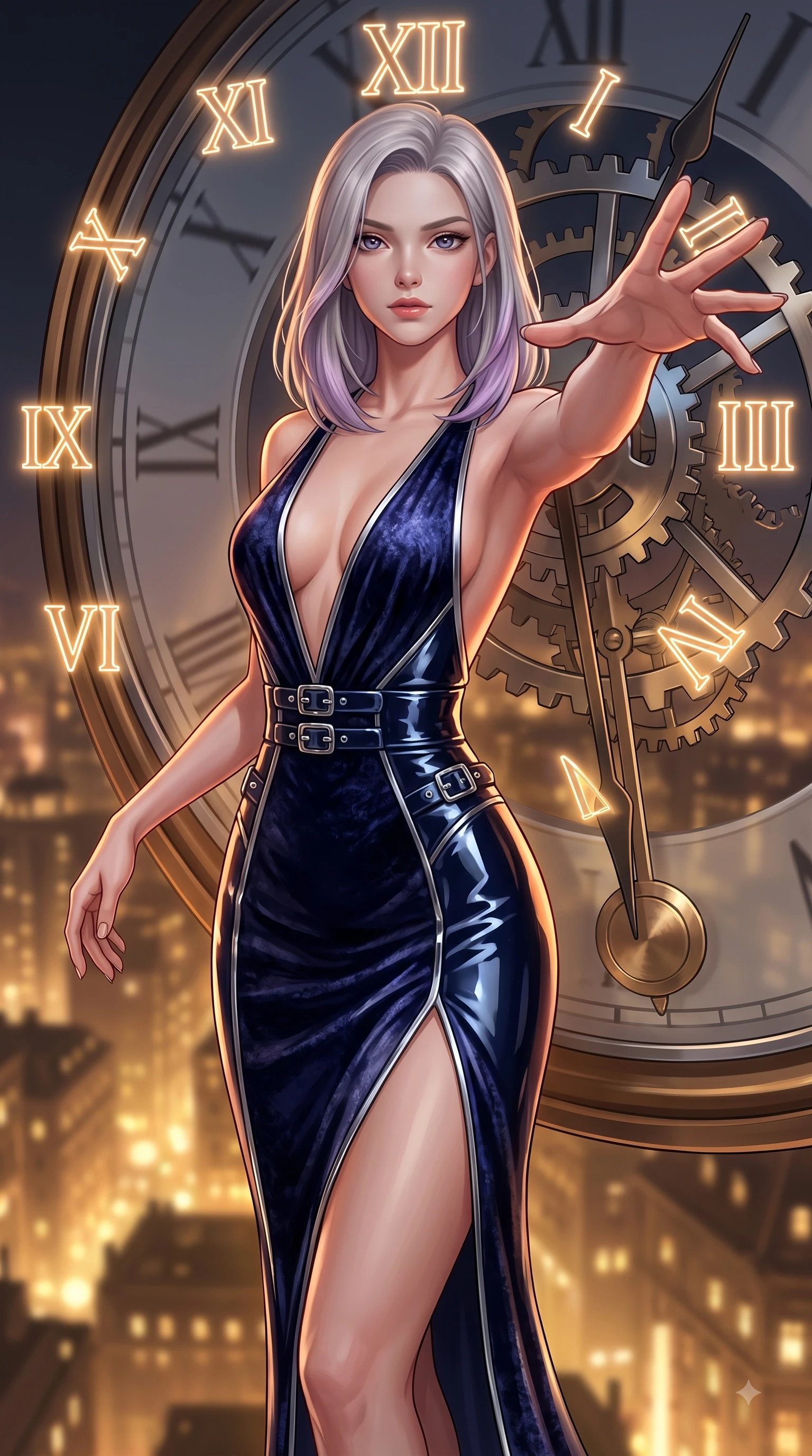 score_9, masterpiece, best quality, ultra-detailed, high-budget anime keyframe, editorial fashion photography, tasteful artistic composition, Caucasian woman. close-up cowboy shot from the waist and thighs up, the character dominates the composition, filling the frame with her large presence, background elements kept in soft focus. Reaching one arm gracefully toward the camera with magnetic poise, displaying her statuesque silhouette while resting against a mechanical clock pendulum swinging over a golden illuminated city below, glowing neon clock numbers floating in the air with vintage elegancy. She has an exceptionally elegant, slender, and willowy female figure with an ultra-slim waist, a gracefully sculpted slender torso, and a refined silhouette. sharp v-shaped jawline, high-bridge nose, intricate jewel-like eyes with depth, thick eyelashes, glossy lips with a natural sheen, flawlessly proportioned anatomical accuracy, natural body alignment, perfectly sculpted elegant limbs, clean dynamic posture without body distortion. wearing a backless crushed velvet gown with a deep V-neckline and high thigh slit in midnight navy blue and chrome trim, tailored from high-gloss patent leather, detailed with polished silver buckles along the waistline, the elegant draped fit framing her graceful clavicle and slender torso. surrounded by warm hearth light and dramatic bronze rim highlights. ultra-reflective glossy finish, specular highlights, metallic sheen, high-contrast stereoscopic depth, volumetric dynamic lighting, 2k, ultra detail, master piece, 9:16 ratio
