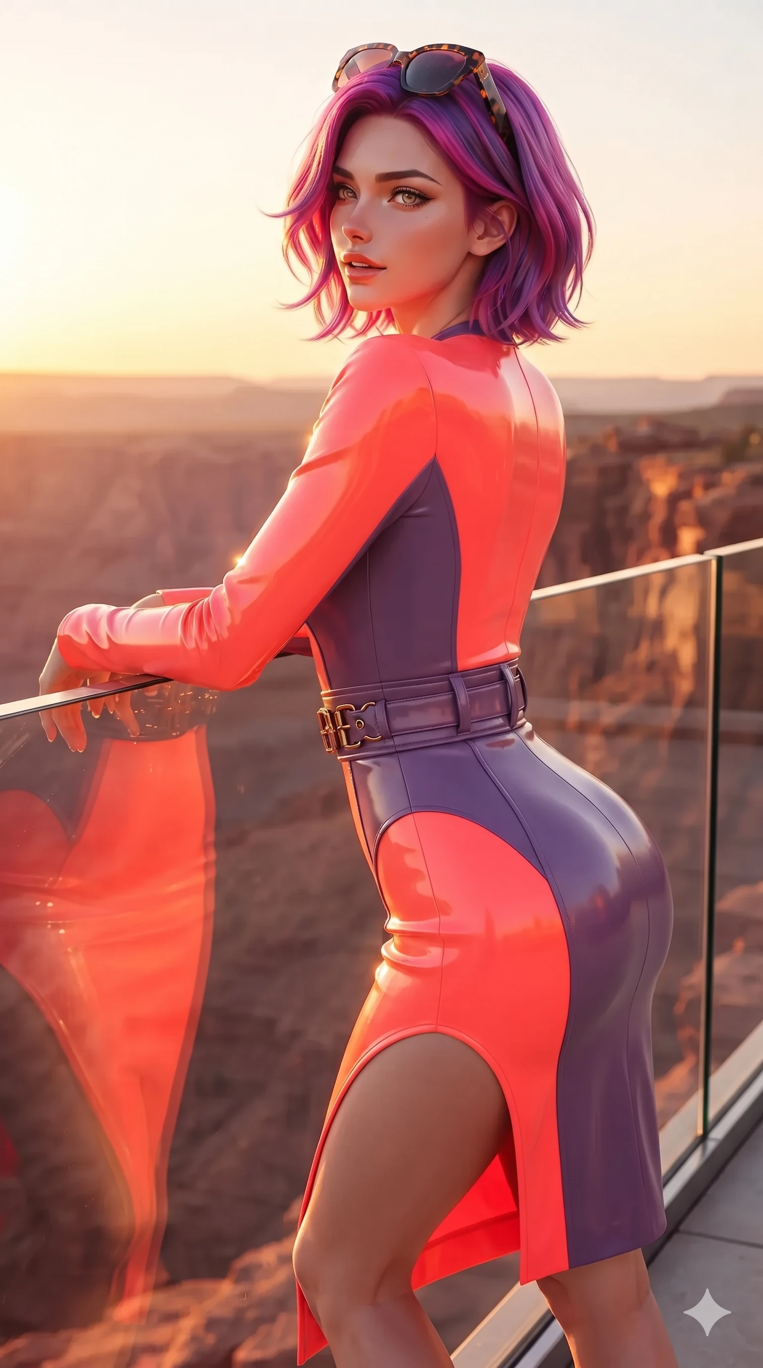 score_9, masterpiece, best quality, ultra-detailed, high-budget anime keyframe, editorial fashion photography, tasteful artistic composition, Caucasian woman. close-up cowboy shot from the waist and thighs up, the character dominates the composition, filling the frame with her large presence. twisting her slender torso in a deep contrapposto stance, hips dramatically shifted to accentuate her feminine curves while looking past her shoulder with smoldering bedroom-eyes while leaning against the seamless structural glass balustrade with hips cocked back, gazing into the vast red canyon abyss with intoxicating bedroom-eyes. The surrounding environment is rendered in vivid detail and crisp panoramic clarity: detailed liquid metallic lamé one-piece tailoring, hip-high side cutouts, and monumental glass engineering in razor-sharp precision. She has an exceptionally elegant, slender, and willowy female figure with an ultra-slim waist, flat toned midriff, narrow ribcage, and sculpted feminine hips creating an alluring, slim hourglass silhouette without bulk. sharp v-shaped jawline, high-bridge nose, sparkling eyes with hypnotic seductive depth, thick curled eyelashes, glossy parted lips with a natural dewy peach sheen, alluring bedroom-eyes with an enchanting coquettish smile, exuding magnetic siren charisma and sophisticated glamour, flawlessly proportioned anatomical accuracy, strict slender model proportions, natural body alignment, perfectly sculpted long slender limbs, ultra-slim waistline, clean dynamic posture without body distortion. wearing a refined long-sleeve desert safari trench dress with structured waist belt and brass buckle hardware in blazing neon coral and desert twilight violet, tailored from second-skin technical compression neoprene with athletic curve-sculpting stretch, complemented by oversized designer tortoiseshell sunglasses resting atop her head, the bespoke structured tailoring following the natural line of her 8.5-heads silhouette with refined elegance. bathed in the blinding, warm 2200K golden-hour rays of the setting sun casting brilliant specular highlights along her silhouette. ultra-reflective glossy finish, specular highlights, rich textural contrasts, high-contrast stereoscopic depth, volumetric dynamic lighting, 2k, ultra detail, master piece, 9:16 ratio