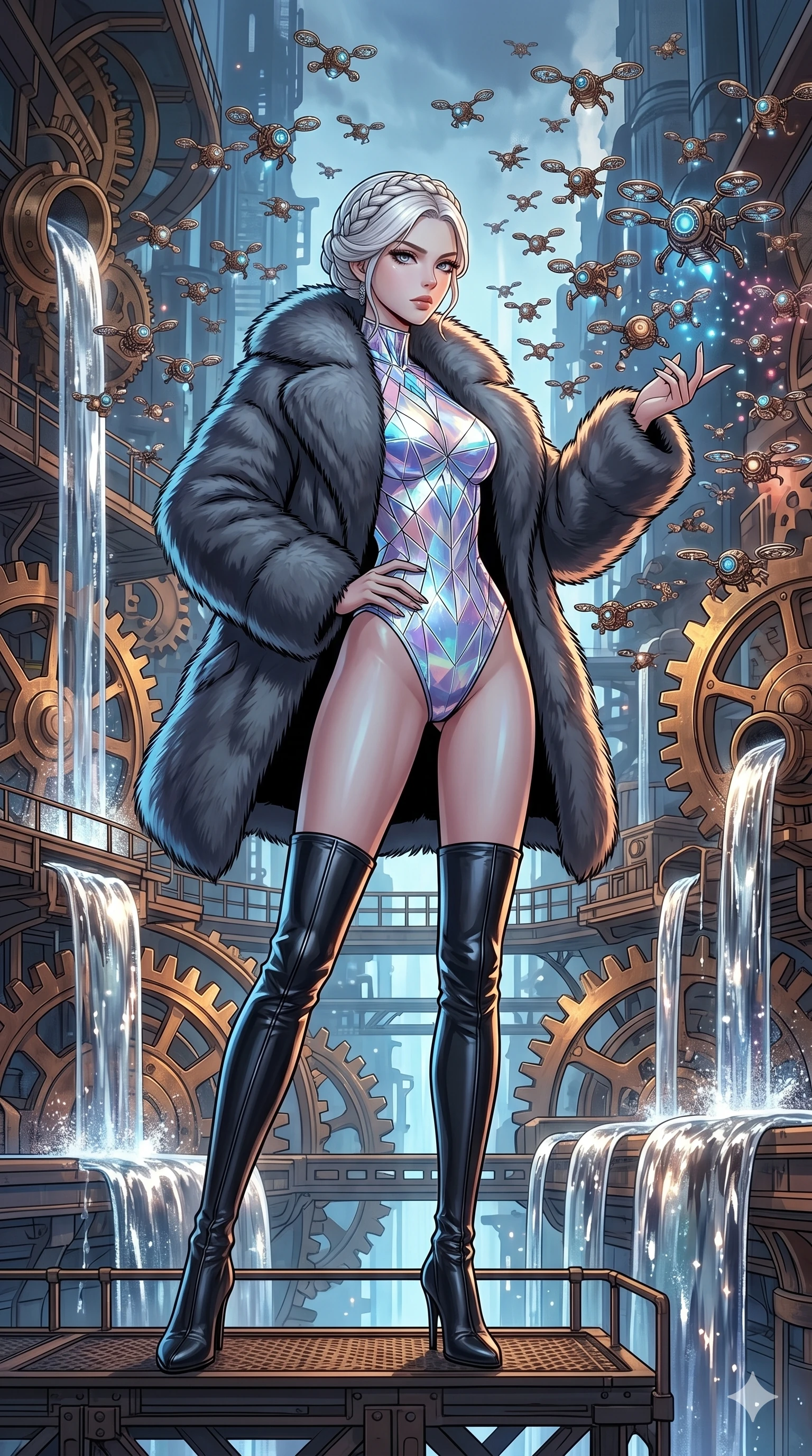 score_9, masterpiece, best quality, ultra-detailed, high-budget anime movie keyframe, cinematic anime lighting, intricate line art, Korean woman. Dynamic full-body shot stretching the vertical silhouette across the 9:16 frame. commanding a drone swarm in a clockwork heart of a city with liquid mercury fountains. She has an absolutely perfect 8-heads proportion, an exceptionally tall and slender female figure with an ultra-slim waist and impossibly long slender legs. sharp v-shaped jawline, high-bridge nose, intricate jewel-like eyes, thick eyelashes, glossy lips. Wearing seasonal winter-couture featuring a plush oversized faux-fur coat worn over a skin-tight crystalline leotard and thigh-high stiletto boots. The scene is illuminated by dramatic atmospheric lighting and vibrant color palettes. , 2k, ultra detail, master piece, 9:16 ratio