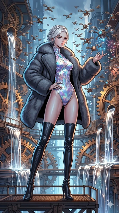 score_9, masterpiece, best quality, ultra-detailed, high-budget anime movie keyframe, cinematic anime lighting, intricate line art, Korean woman. Dynamic full-body shot stretching the vertical silhouette across the 9:16 frame. commanding a drone swar