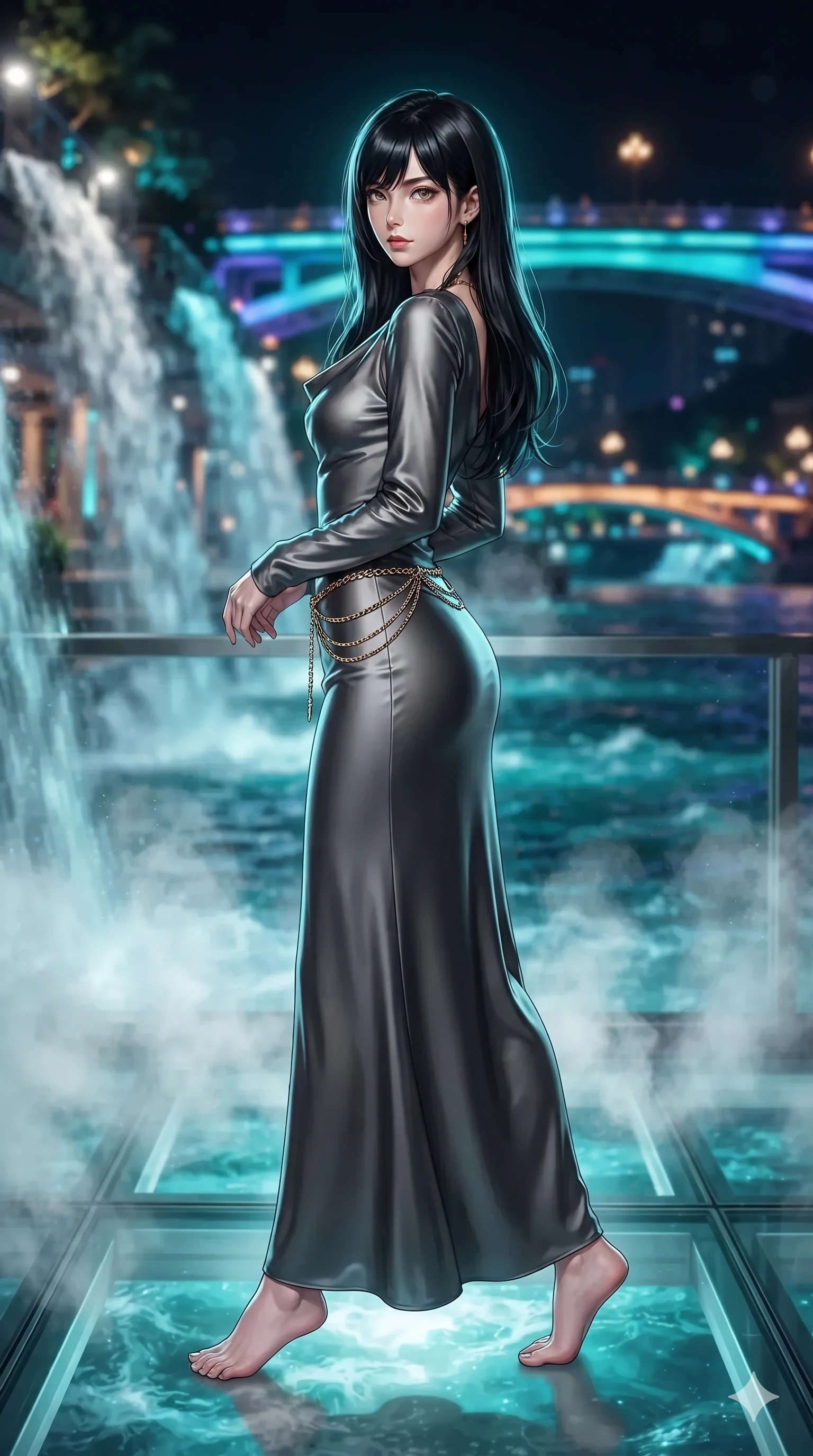 score_9, masterpiece, best quality, ultra-detailed, high-budget anime keyframe, editorial fashion photography, tasteful artistic composition, Caucasian woman. low angle full-body shot from head to toe showing her feet, filling the entire 9:16 vertical frame with her statuesque presence, stretching her vertical silhouette. walking along the waterfront terrace with poise, looking back over her bare shoulder with an irresistible smoldering bedroom-gaze while standing poised at the center of the transparent span, arching her lower back with sovereign supermodel grace as mineral waterfall mist rises around her. The background shows a soft-focus cascading illuminated thermal waterfalls, rushing turquoise water beneath transparent glass, and distant neon bridges blurred into turquoise, sapphire, and amber bokeh. She has an exceptionally tall and slender model-like 8.5-heads proportion, an ultra-slim waist, a flat toned midriff, narrow delicate ribcage, and beautifully sculpted feminine hips creating a graceful, slim hourglass silhouette without any bulky heaviness, with impossibly long slender legs. sharp v-shaped jawline, high-bridge nose, intricate jewel-like sparkling eyes with depth, thick eyelashes, glossy parted lips with a natural sheen, intensely captivating and seductive bedroom-eyes expression, exuding both youthful cute charm and sovereign luxury allure, flawlessly proportioned anatomical accuracy, strict slender model proportions, natural body alignment, perfectly sculpted long slender limbs, ultra-slim waistline, clean dynamic posture without body distortion. wearing a modest long-sleeve cowl-neck satin column gown draping gracefully to the floor with aristocratic poise in charcoal grey and polished chrome, tailored from heavy double-faced silk georgette with an exceptionally fluid drape, accented with a delicate gold chain belt resting loosely on her curvy hips, the bespoke structured tailoring following the natural line of her 8.5-heads silhouette with refined elegance. illuminated by glass floor bounce and sharp turquoise-platinum rim lights defining her razor-sharp jawline, narrow waist, and curvy hips. ultra-reflective glossy finish, specular highlights, rich textural contrasts, high-contrast stereoscopic depth, volumetric dynamic lighting, 2k, ultra detail, master piece, 9:16 ratio