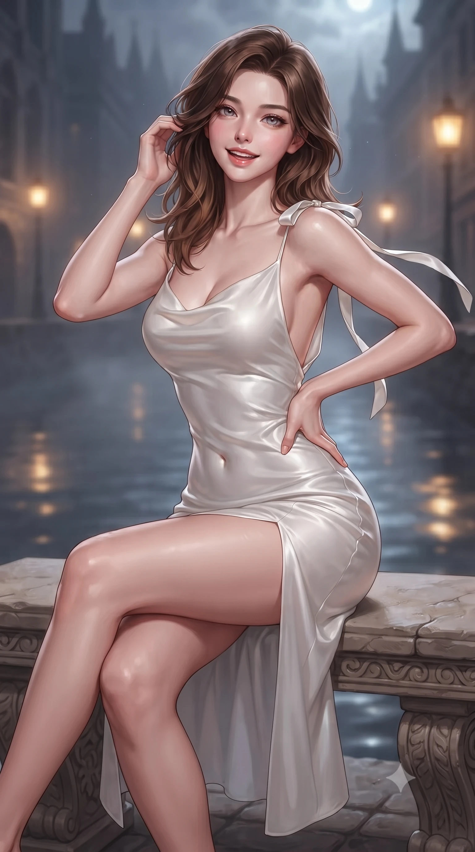 score_9, masterpiece, best quality, ultra-detailed, high-budget anime keyframe, editorial fashion photography, tasteful artistic composition, Korean woman. close-up cowboy shot from the waist and thighs up, the character dominates the composition, filling the frame with her large presence. twisting her slender torso in an alluring contrapposto stance, one hand resting on her sculpted hip while her fingers toy with her hair with effortless poise while sitting gracefully on the carved stone bench with legs crossed, flashing a radiant, playful smile with parted glossy lips. The background shows a soft-focus curling nocturnal river fog softened in medieval gothic European capital shallow focus. She has an exceptionally elegant, slender, and willowy female figure with an ultra-slim waist, flat toned midriff, narrow ribcage, and sculpted feminine hips creating an alluring, slim hourglass silhouette without bulk. sharp v-shaped jawline, high-bridge nose, intricate jewel-like sparkling eyes with depth, thick eyelashes, glossy parted lips with a natural peach sheen, bright cheerful beaming smile with an enchanting and coquettish sensual glint, exuding both youthful cute charm and seductive allure, flawlessly proportioned anatomical accuracy, strict slender model proportions, natural body alignment, perfectly sculpted long slender limbs, ultra-slim waistline, clean dynamic posture without body distortion. wearing a form-contouring gossamer silk chiffon slip dress with a hip-high slit and open cowl back clinging with dewy moisture in pure translucent crystal white and liquid platinum, crafted from fluid liquid silk satin that clings smoothly to her narrow waist and rounded hips with a dewy sheen, finished with satin ribbon ties at the shoulders fluttering in the gentle breeze, the liquid-tight tailored fabric clinging flawlessly to her narrow waist and rounded feminine hips, emphasizing every millimeter of her sculpted slim hourglass curves without any bulky heaviness. bathed in the romantic amber 2200K glow of street gas lamps below mixed with cool silver moonlight on river water. ultra-reflective glossy finish, specular highlights, rich textural contrasts, high-contrast stereoscopic depth, volumetric dynamic lighting, 2k, ultra detail, master piece, 9:16 ratio