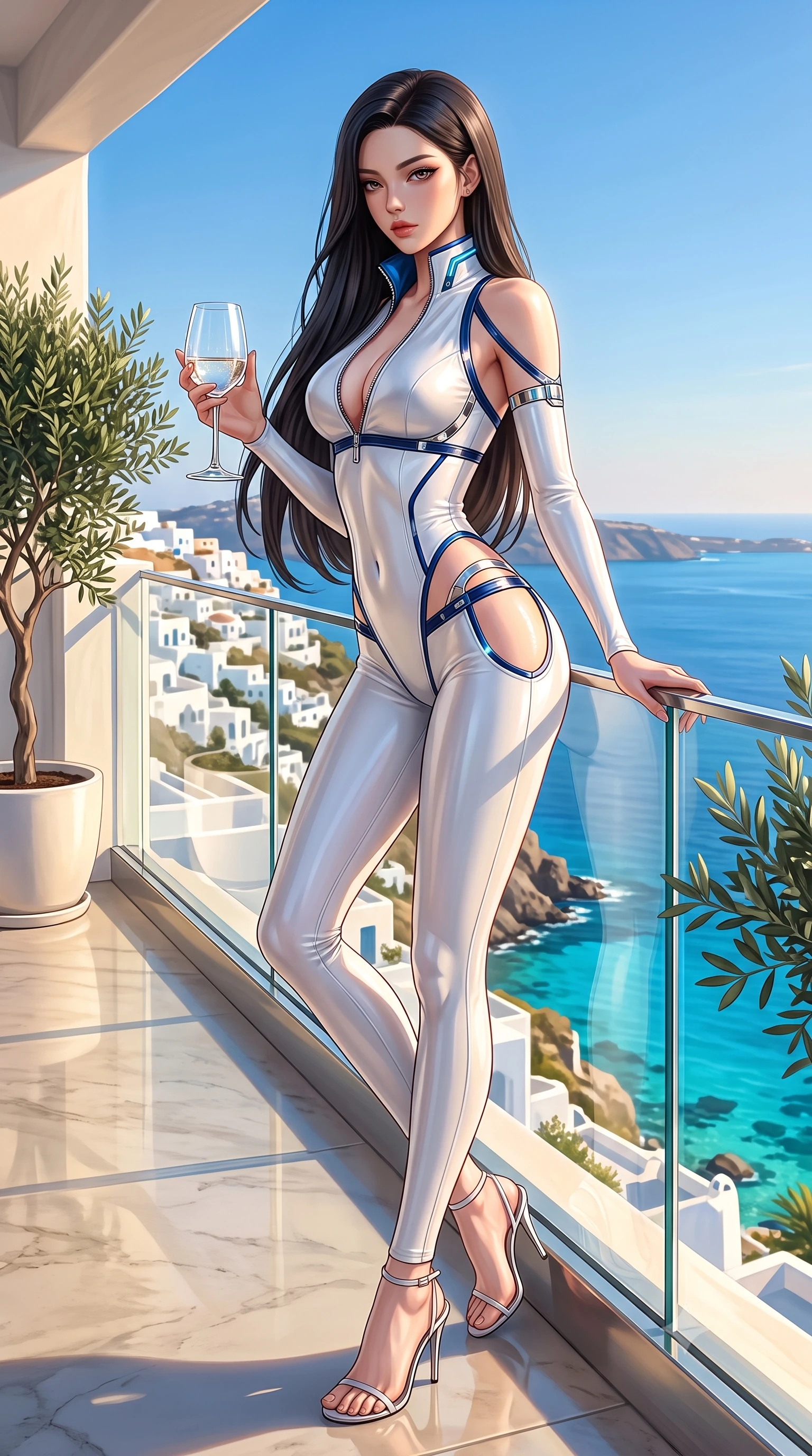 score_9, masterpiece, best quality, ultra-detailed, high-budget anime keyframe, semi-realistic 3D game render, editorial fashion photography, tasteful artistic composition, Korean woman. low angle full-body shot from head to toe showing her feet, filling the entire 9:16 vertical frame with her statuesque presence, stretching her vertical silhouette. arching her back in a fluid zero-gravity turn with sovereign grace, her long slender legs and sculpted torso creating a sweeping line while leaning against a sleek glass terrace railing with a crystal wine goblet, casting a smoldering look over her shoulder. The surrounding environment is rendered in vivid detail and crisp panoramic clarity. vibrant Mediterranean colors and luxury cliffside estate architecture in panoramic sharpness. She has an absolutely perfect, statuesque 8.5-heads proportion, an exceptionally tall and slender model-like female figure with impossibly long slender legs, a toned flat midriff, and an ultra-slim waist. sharp v-shaped jawline, high-bridge nose, intricate jewel-like eyes with depth, thick eyelashes, glossy lips with a natural sheen, flawlessly proportioned anatomical accuracy, strict slender model proportions, natural body alignment, perfectly sculpted long slender limbs, ultra-slim waistline, clean dynamic posture without body distortion. wearing a second-skin white liquid-mercury micro-bodysuit sculpted tightly to her slender build, featuring razor-thin metallic straps and hip cutouts in deep royal navy blue and specular chrome, tailored from semi-translucent cybernetic vinyl with glowing micro-filaments, featuring a dangerously unzipped neckline framed by glowing cybernetic accents, the liquid-tight tailored fabric emphasizing every curve of her tall, slender model proportions and sculptured silhouette during dynamic movement. bathed in warm golden hour afternoon sunbeams and crisp Mediterranean sky fill light. highly saturated vibrant anime colors, detailed shading with soft gradients, rich glossy textures, high-contrast stereoscopic depth, volumetric dynamic lighting, master piece, 9:16 ratio