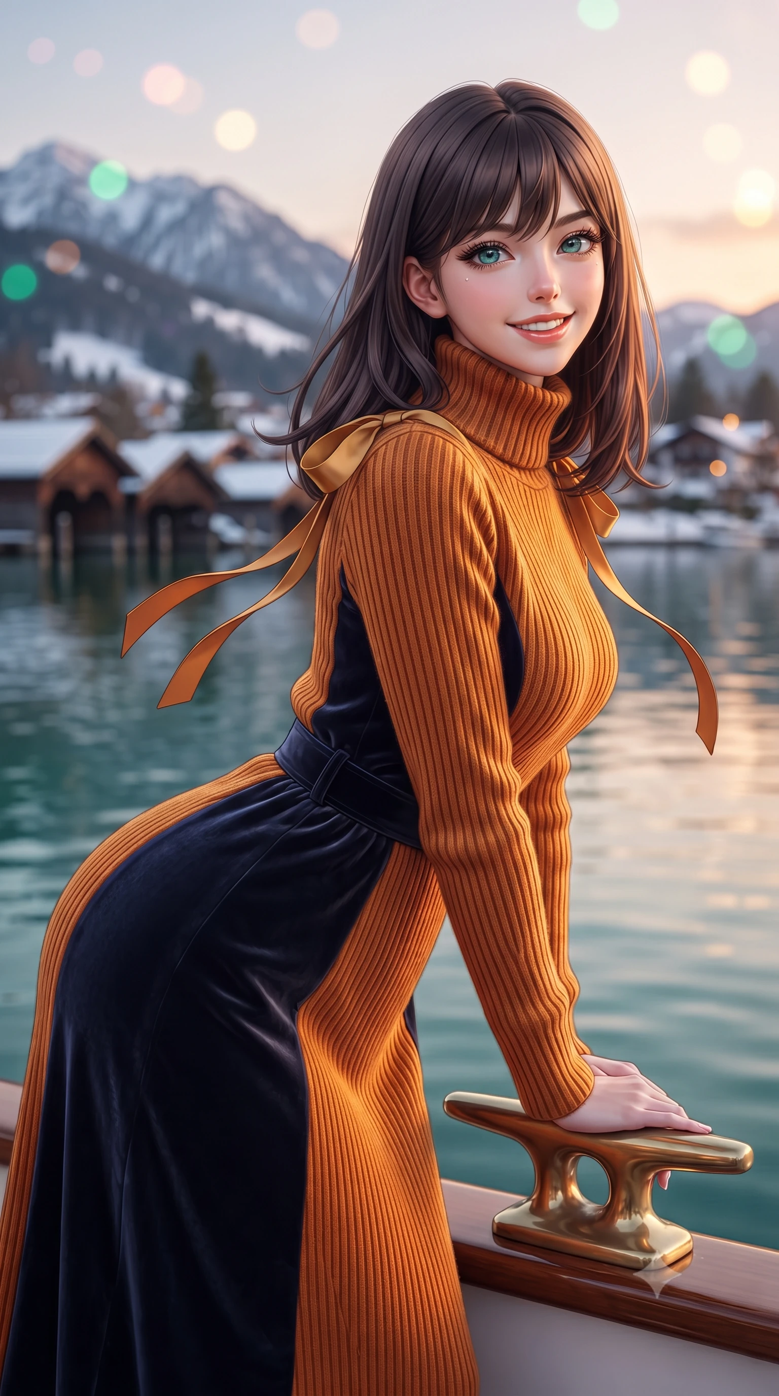 score_9, masterpiece, best quality, ultra-detailed, high-budget anime keyframe, editorial fashion photography, tasteful artistic composition, Korean woman. close-up cowboy shot from the waist and thighs up, the character dominates the composition, filling the frame with her large presence. leaning forward while arching her lower back to accentuate her curvy hips, looking into the camera with an intoxicating smoldering gaze and bedroom-eyes while leaning against the brass deck cleat with hips cocked back, looking across the mirror-calm emerald lake at Alpine chalets with smoldering bedroom-eyes. The background shows a soft-focus mirror-calm emerald waters of Lake Tegernsee reflecting snow-dusted Bavarian Alps, traditional Alpine chalet boathouses, and sunset sky blurred into emerald, amber, and lavender bokeh. She has an exceptionally elegant, slender, and willowy female figure with an ultra-slim waist, flat toned midriff, narrow ribcage, and sculpted feminine hips creating an alluring, slim hourglass silhouette without bulk. sharp v-shaped jawline, high-bridge nose, intricate jewel-like sparkling eyes with depth, thick eyelashes, glossy parted lips with a natural peach sheen, bright cheerful beaming smile with an enchanting and coquettish sensual glint, exuding both youthful cute charm and seductive allure, flawlessly proportioned anatomical accuracy, strict slender model proportions, natural body alignment, perfectly sculpted long slender limbs, ultra-slim waistline, clean dynamic posture without body distortion. wearing an elegant high-neck Icelandic cashmere ribbed turtleneck coat dress with belted waistline in Seville orange blossom gold and midnight moorish indigo, tailored from ultra-plush silk velvet with rich tactile depth and deep shadow gradients, finished with satin ribbon ties at the shoulders fluttering in the gentle breeze, the bespoke structured tailoring following the natural line of her 8.5-heads silhouette with refined elegance. illuminated by lake water surface specular bounce and sharp honey-gold rim lights sculpting her jawline, narrow waist, and curvy hips. ultra-reflective glossy finish, specular highlights, rich textural contrasts, high-contrast stereoscopic depth, volumetric dynamic lighting, 2k, ultra detail, master piece, 9:16 ratio