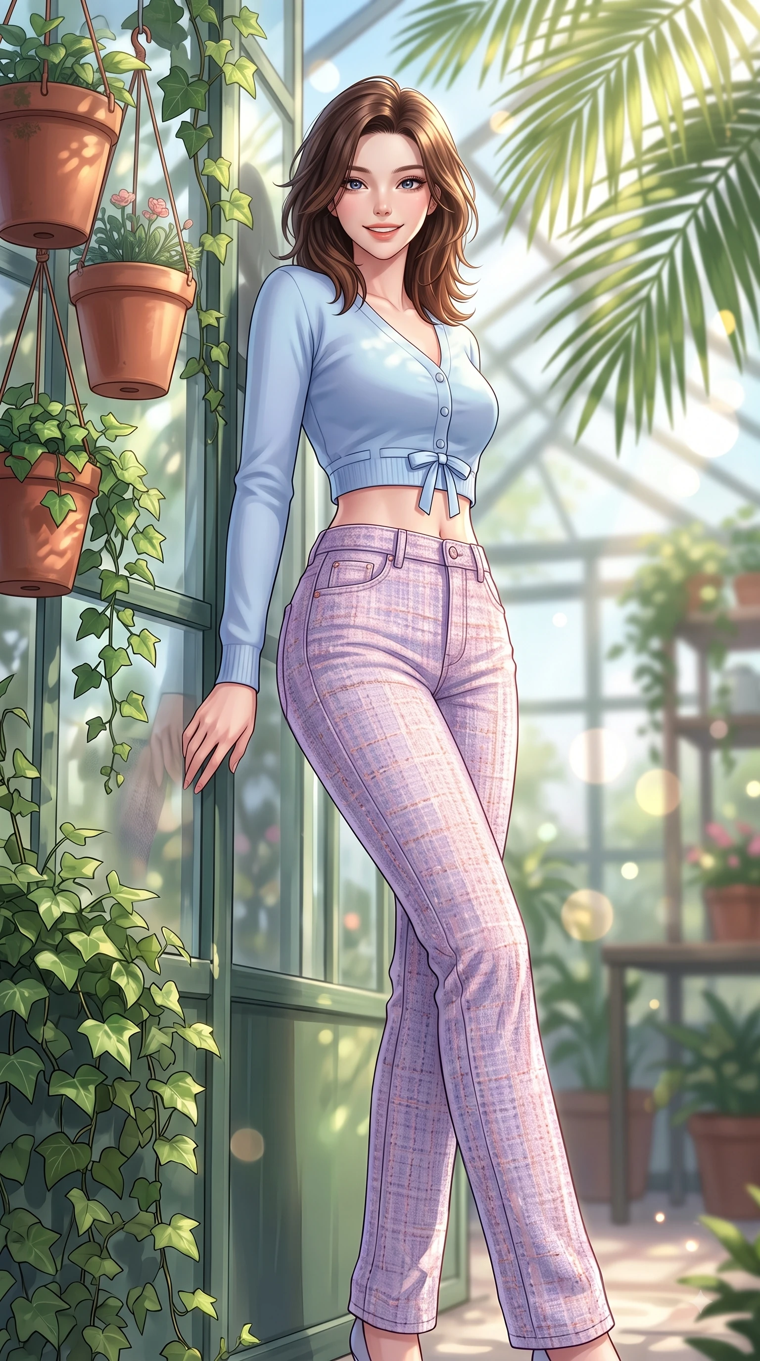 score_9, masterpiece, best quality, ultra-detailed, high-budget anime keyframe, editorial fashion photography, tasteful artistic composition, Korean woman. low angle full-body shot from head to toe showing her feet, filling the entire 9:16 vertical frame with her statuesque presence, stretching her vertical silhouette. pivoting dynamically with a fresh infectious smile, her ultra-slim waist creating a sweeping fluid curve while leaning against a glass greenhouse wall surrounded by hanging terracotta flower pots and ivy. The composition keeps background elements in soft focus with dreamy bokeh. sun-drenched tropical palm leaves scattering soft background light motes around her silhouette. She has an absolutely perfect, statuesque 8.5-heads proportion, an exceptionally tall and slender model-like female figure with impossibly long slender legs and an ultra-slim waist. sharp v-shaped jawline, high-bridge nose, intricate jewel-like eyes with depth, thick eyelashes, glossy lips with a natural sheen, flawlessly proportioned anatomical accuracy, natural body alignment, perfectly sculpted elegant limbs, clean dynamic posture without body distortion. wearing a casual chic pastel blue cropped cardigan with high-rise straight-leg denim jeans in pastel lilac and soft rose gold, tailored from soft pastel tweed with subtle metallic thread, accented with a dainty waist ribbon bow, the breezy lightweight fabric fluttering softly against her delicate frame. surrounded by a peaceful, sun-drenched, and healing greenhouse atmosphere. highly saturated vibrant anime colors, detailed shading with soft gradients, rich glossy textures, high-contrast stereoscopic depth, volumetric dynamic lighting, master piece, 9:16 ratio